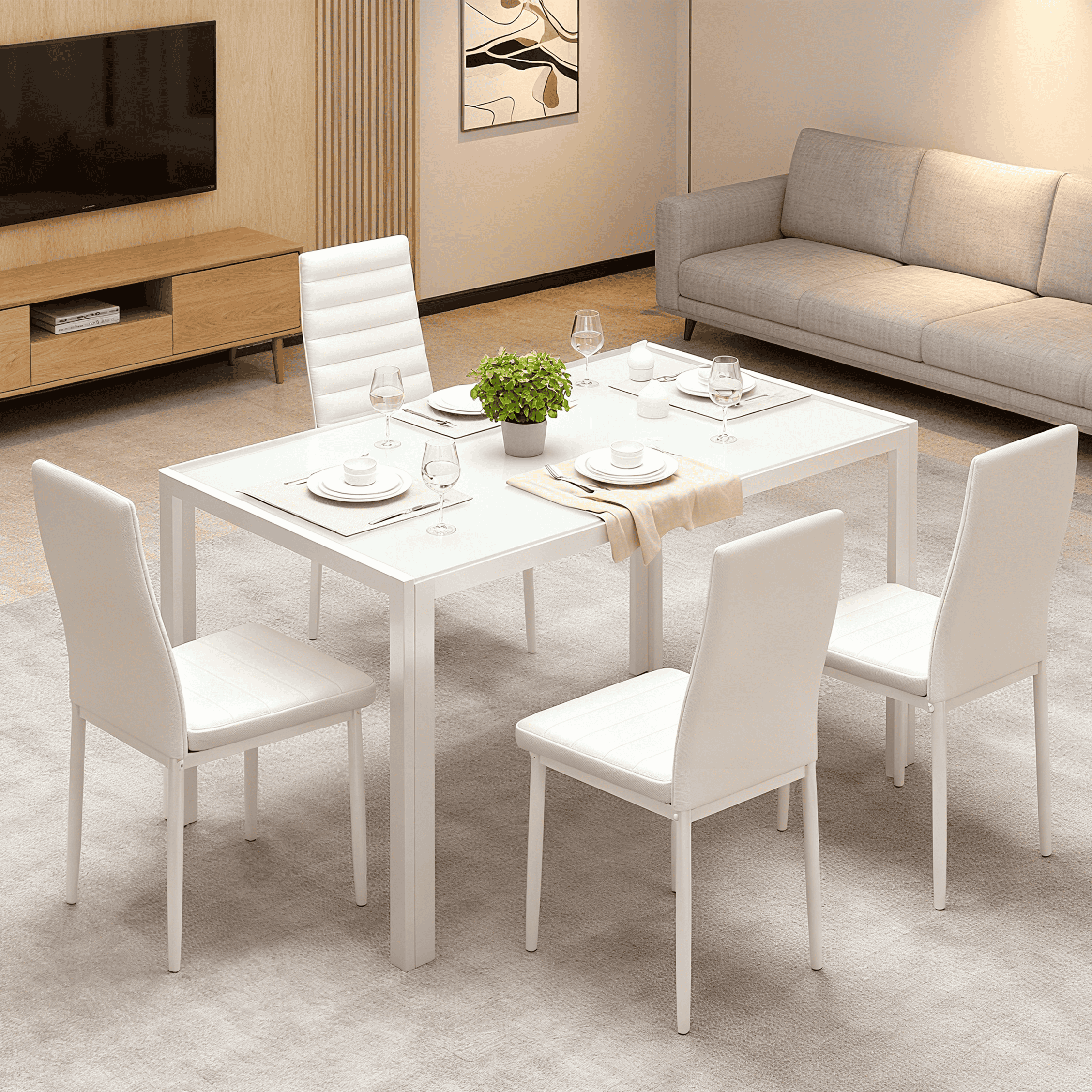 Aiho Dining Table with 6 PU Leather Chairs, Morden Kitchen Table Chairs Set for 6 Person, Perfect for Dining Room, Kitchen, Living Room, White