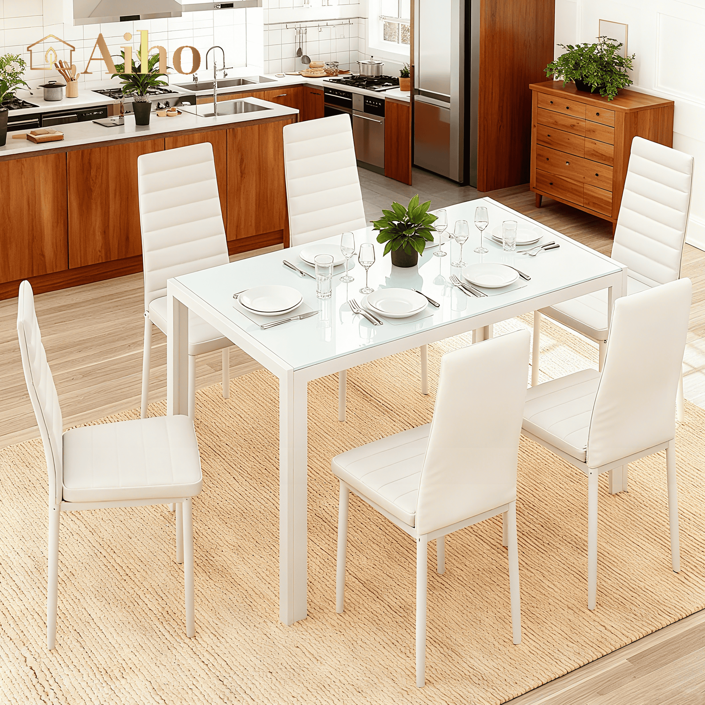 Aiho Dining Table with 6 PU Leather Chairs, Morden Kitchen Table Chairs Set for 6 Person, Perfect for Dining Room, Kitchen, Living Room, White