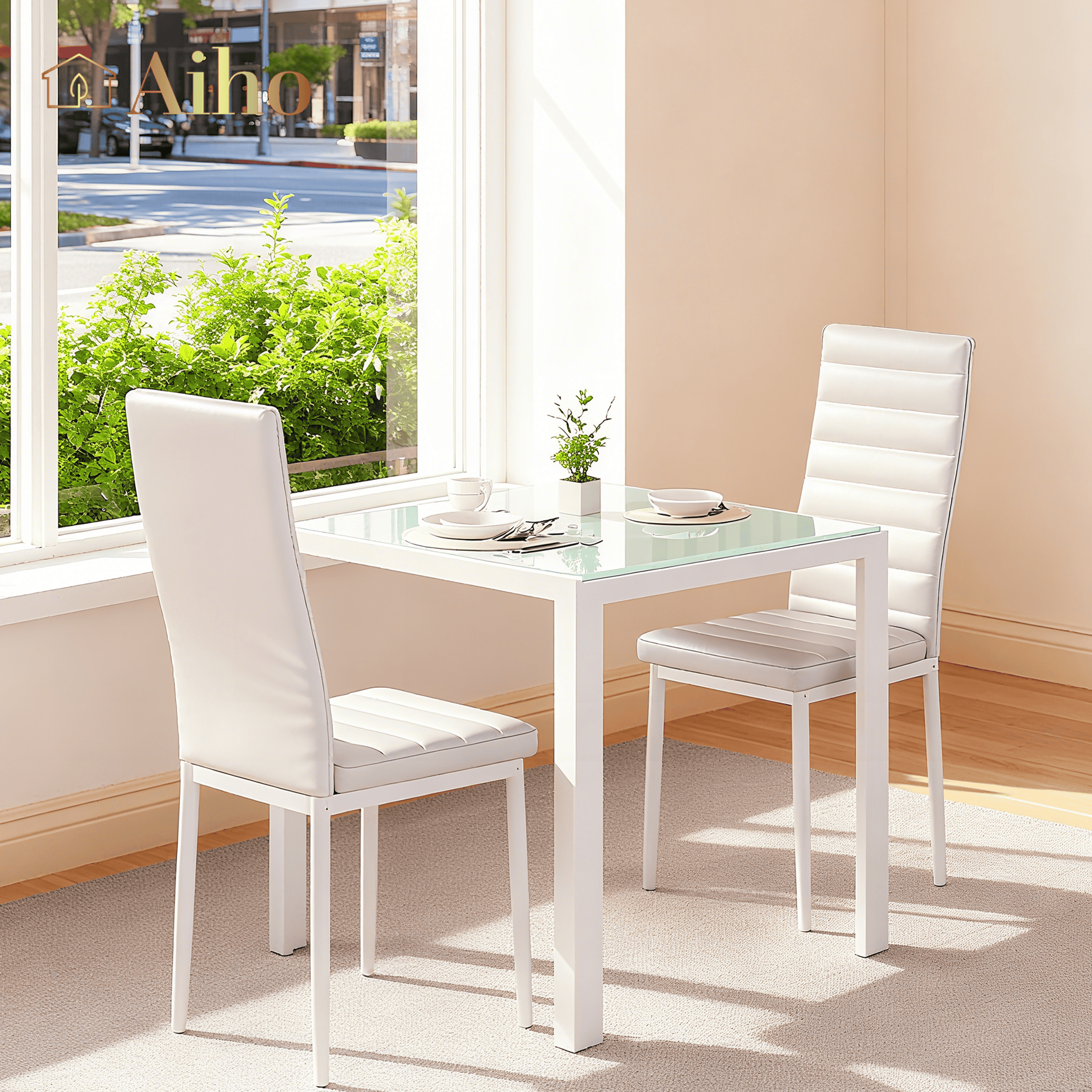Dining Table Set for 2 Person, Aiho Modern Kitchen Table with 2 PU Leather Chairs for Dining Room, Kitchen, Small Space, Black