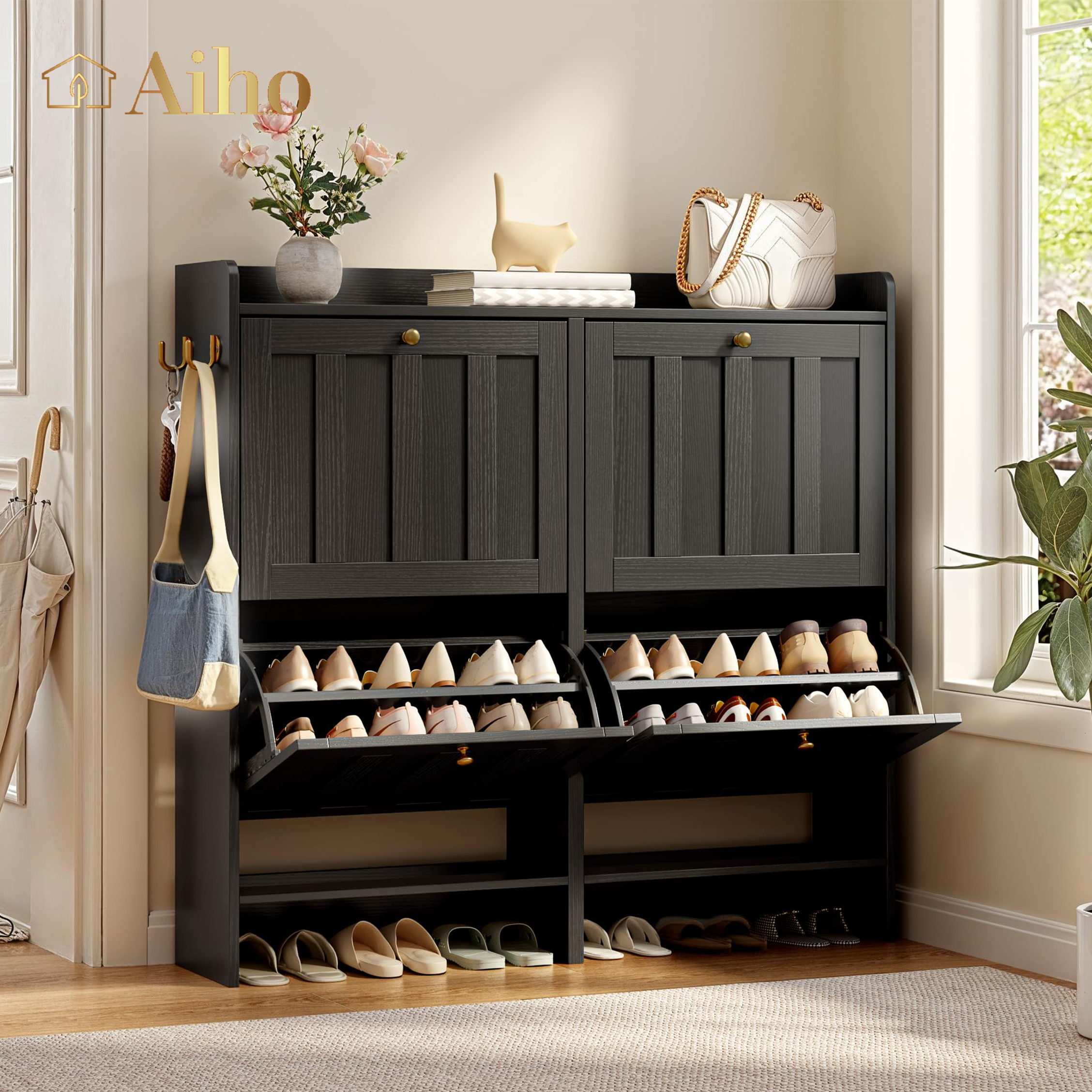 Aiho Shoe Storage Cabinet with 4 Flip Drawers and with Open Storage, MDF Wood Narrow Shoe Cabinet, For Foyer, Hallway, Porch, Living Room, Balcony, Bedroom-Black