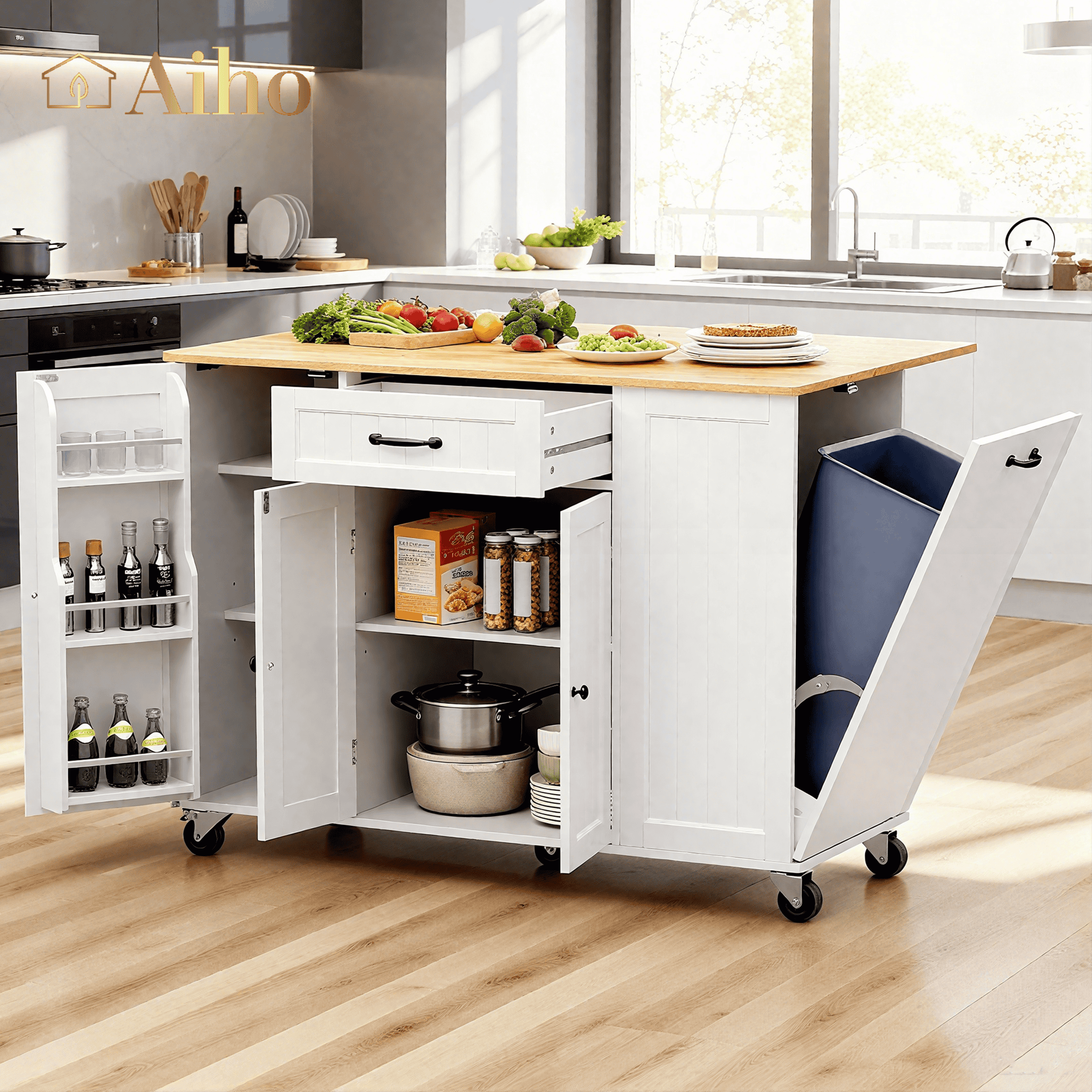 47.2"W Aiho Island Table for Kitchen with Folding Drop Leaf & Spice Rack & Drawer, Kitchen Island with Trash Can Storage for Kichen, Bar, Living Room, White