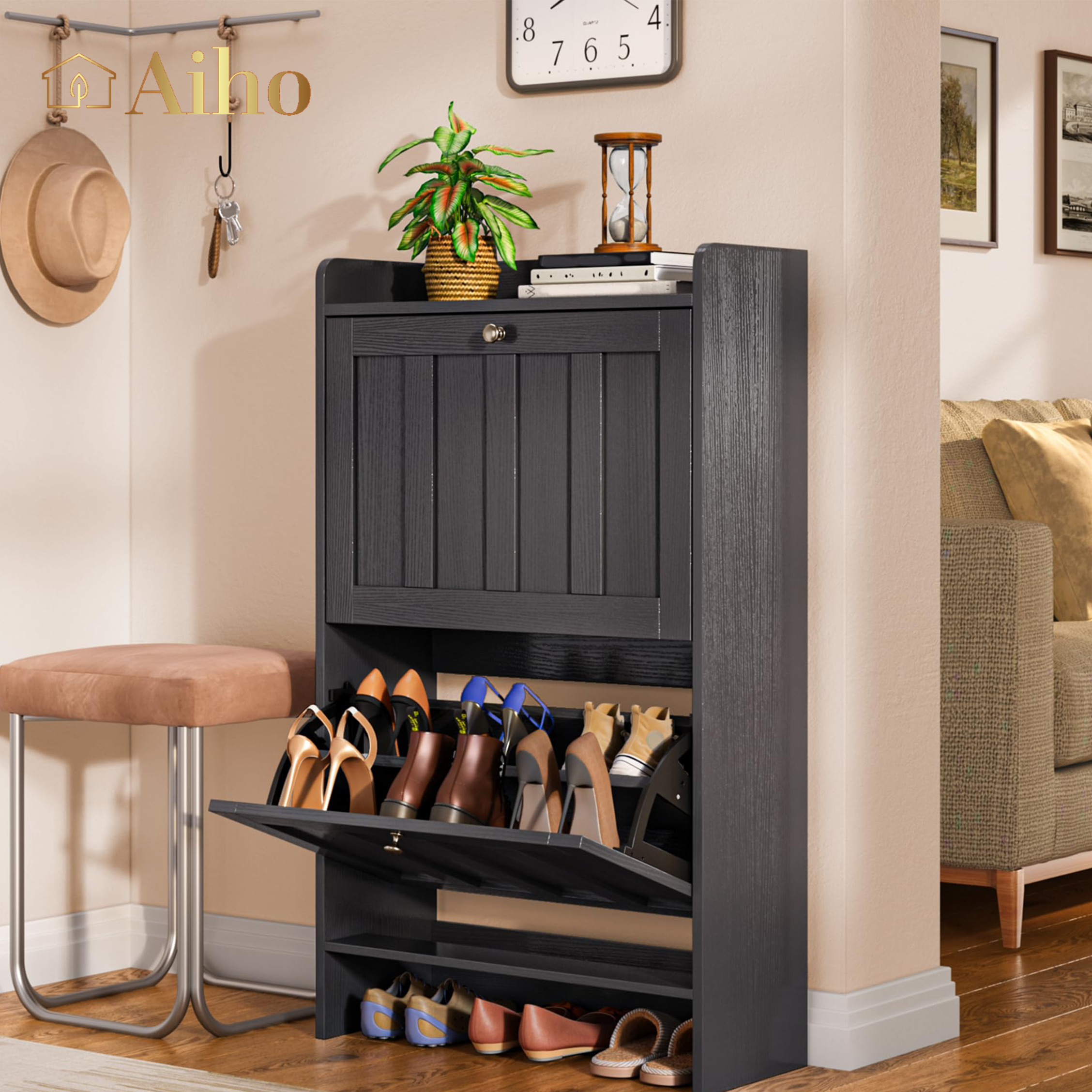 Aiho Shoe Storage Cabinet with 2 Flip Drawers and Open Storage, MDF Wood Narrow Shoe Cabinet, For Foyer, Hallway, Porch, Living Room, Balcony, Bedroom-Black