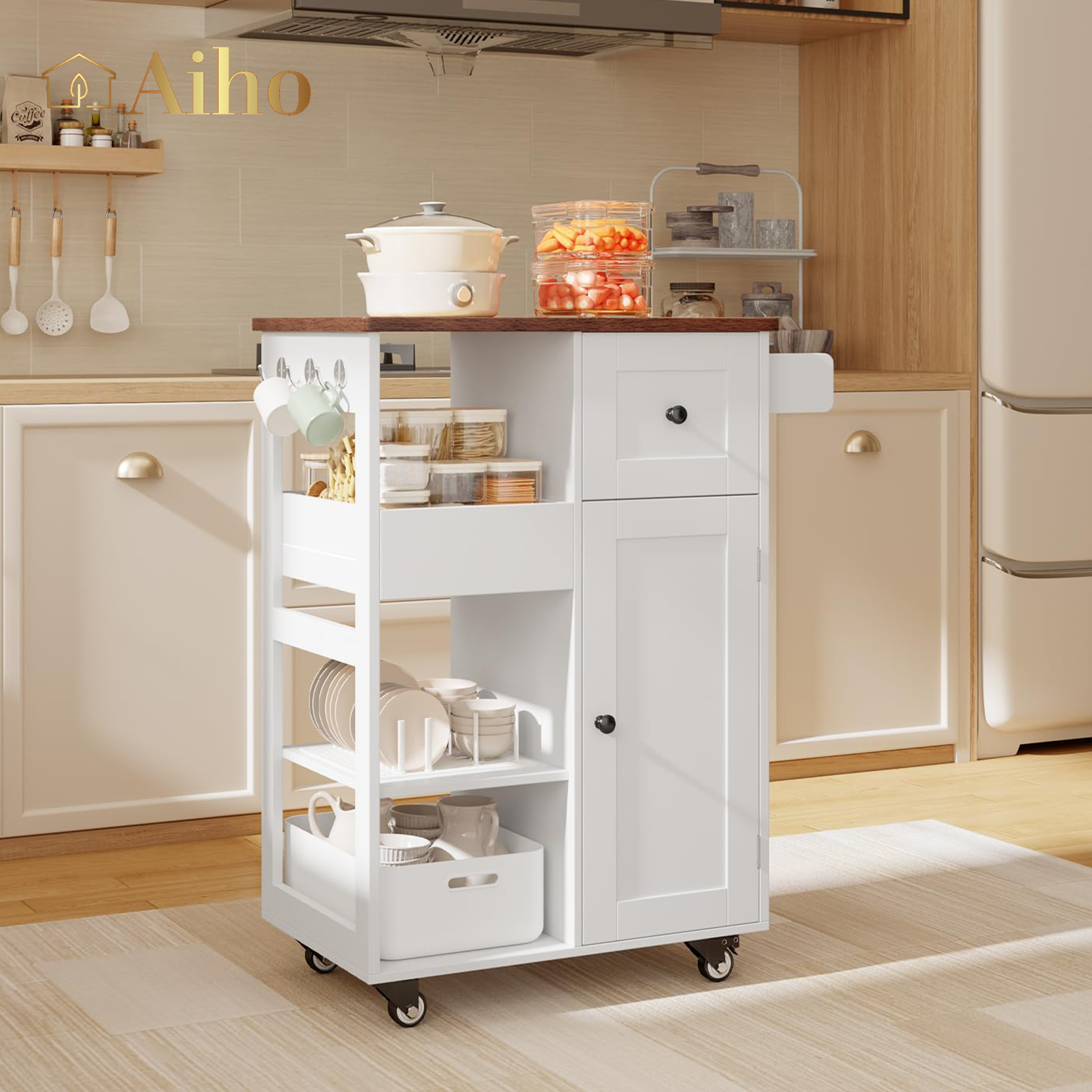 23.6" W Aiho Rolling Kitchen Island on Wheels with Spice Rack, Removable Tray, Drawers, Island Table for Kitchen with Adjustable Shelves, For Kitchen, Dining Room, Coffee Bar, White and Retro Tabletop