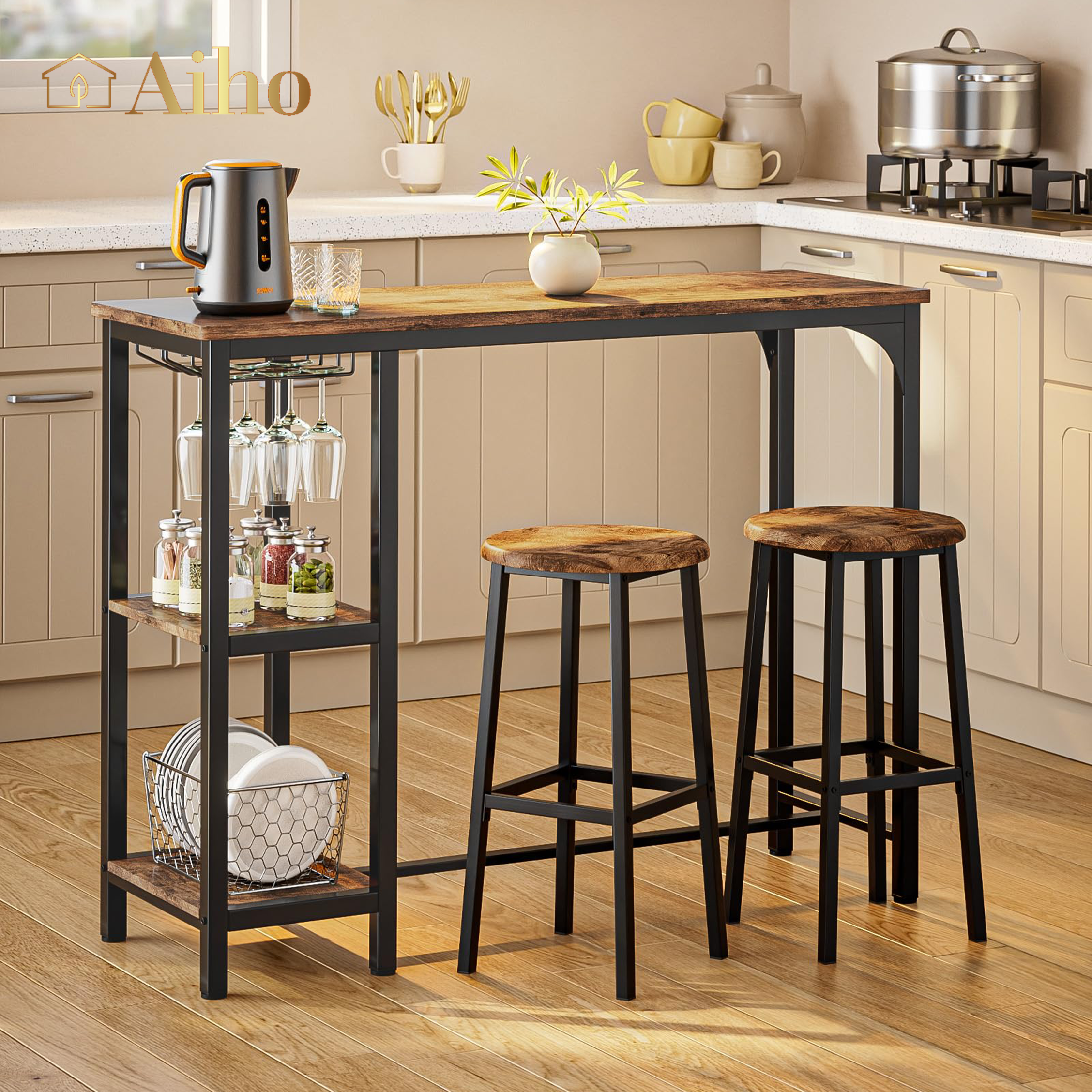 Aiho Dining Table Set for 2 Person, 3 Pieces Bar Bar Table and Chairs Set with 2 Storage Shelves & Glass Rack, For Kitchen, Dining Room, Bar, Rustic Brown