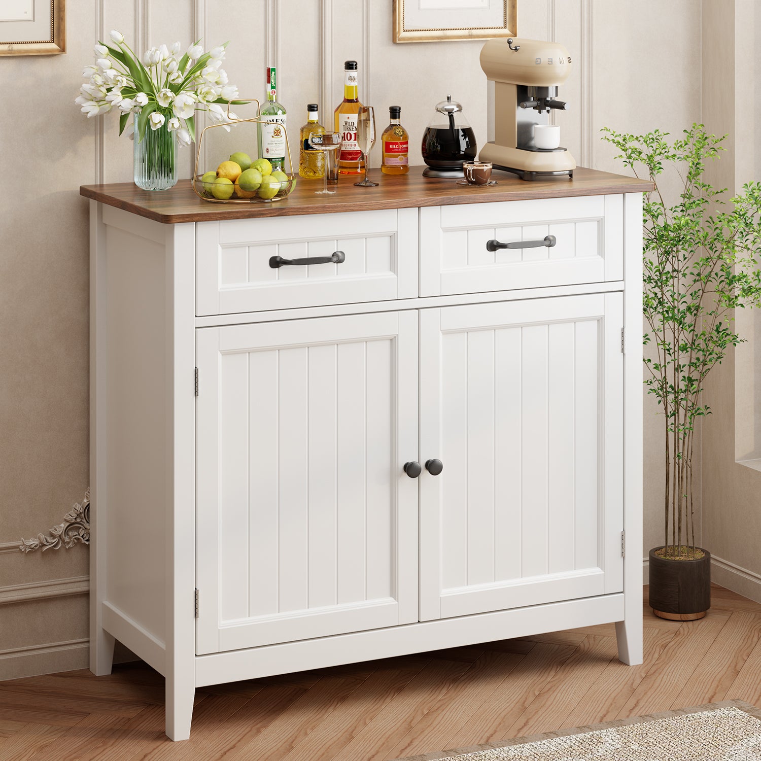 Aiho 35.4" Kitchen Buffet Sideboard Cabinet, 2 Drawers Farmhouse Coffee Bar Storage Cabinet with Adjustable Shelf