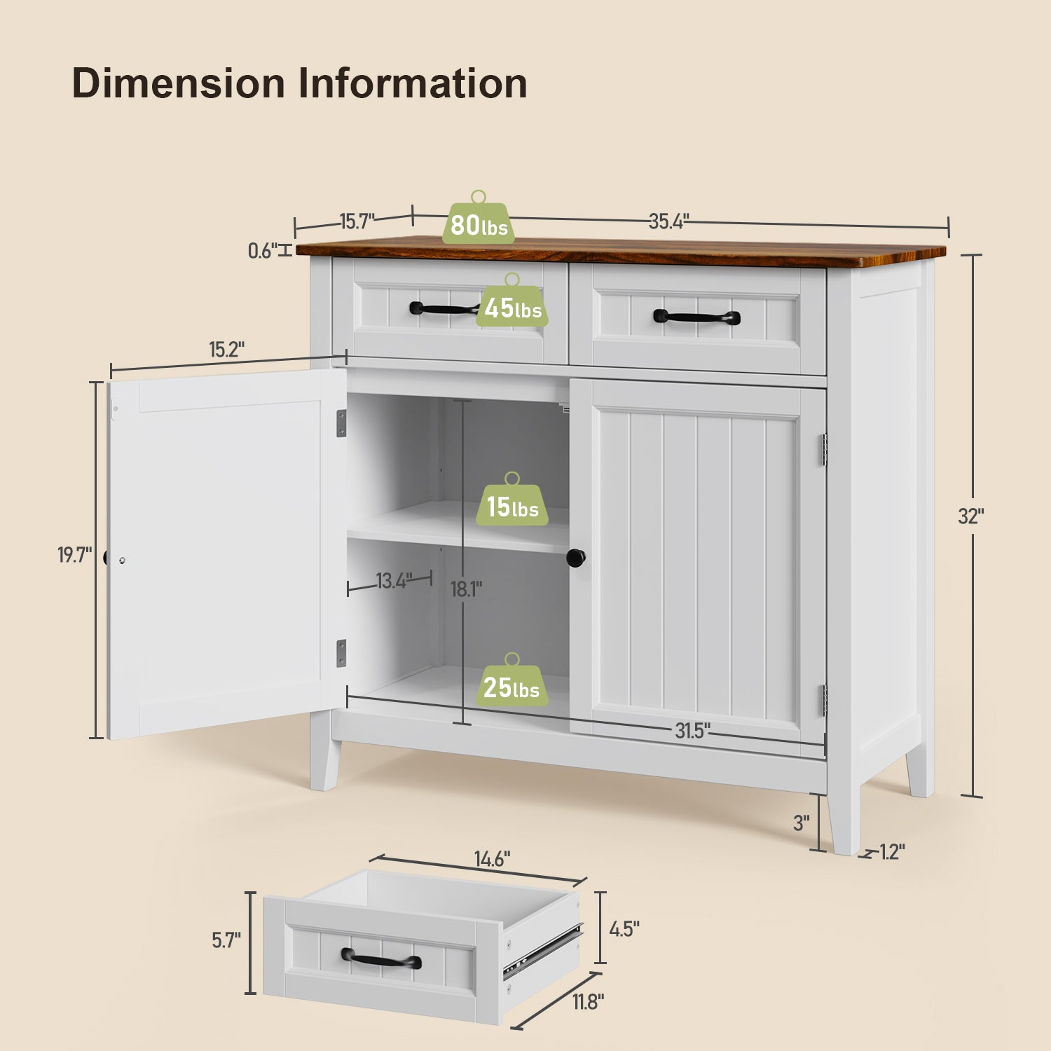 Aiho 35.4" Kitchen Buffet Sideboard Cabinet, 2 Drawers Farmhouse Coffee Bar Storage Cabinet with Adjustable Shelf