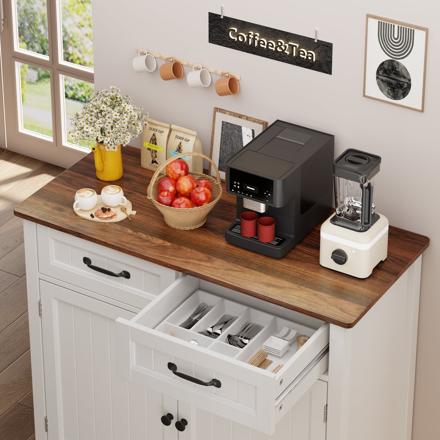 Aiho 35.4" Kitchen Buffet Sideboard Cabinet, 2 Drawers Farmhouse Coffee Bar Storage Cabinet with Adjustable Shelf