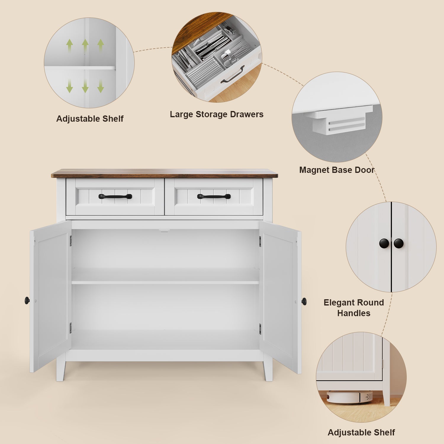 Aiho 35.4" Kitchen Buffet Sideboard Cabinet, 2 Drawers Farmhouse Coffee Bar Storage Cabinet with Adjustable Shelf