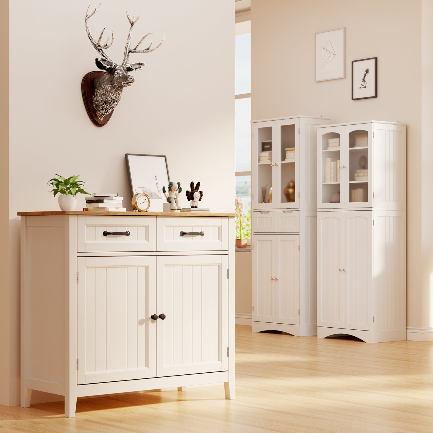 Aiho 35.4" Kitchen Buffet Sideboard Cabinet, 2 Drawers Farmhouse Coffee Bar Storage Cabinet with Adjustable Shelf
