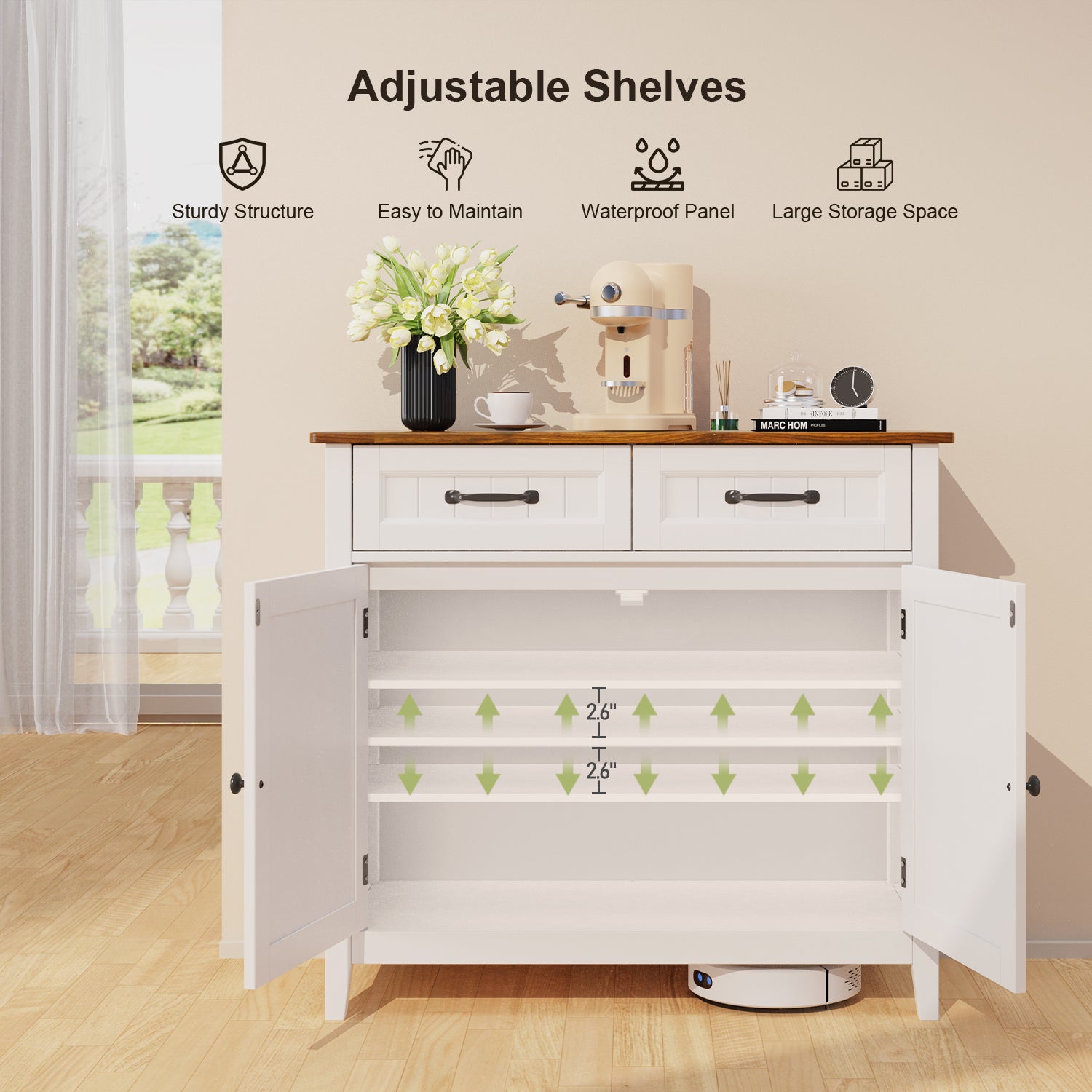 Aiho 35.4" Kitchen Buffet Sideboard Cabinet, 2 Drawers Farmhouse Coffee Bar Storage Cabinet with Adjustable Shelf