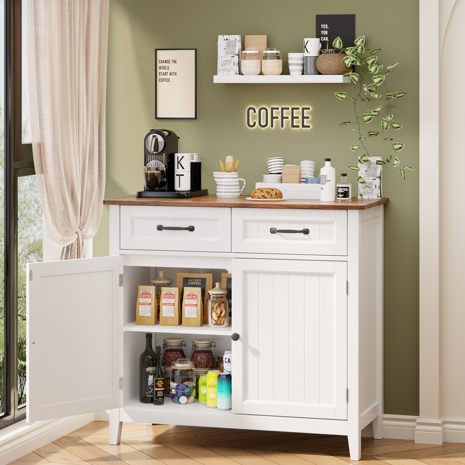 Aiho 35.4" Kitchen Buffet Sideboard Cabinet, 2 Drawers Farmhouse Coffee Bar Storage Cabinet with Adjustable Shelf