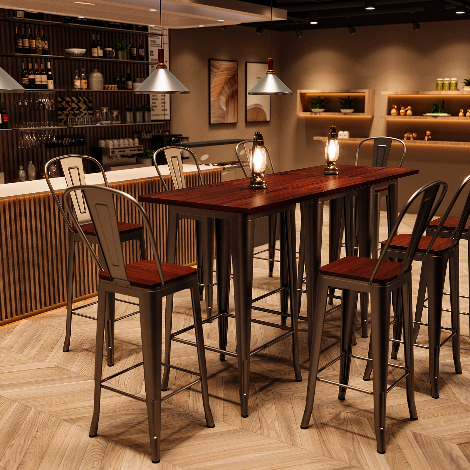 Aiho Bar Table and Chairs Set for 2 Person, Modern Dining Table Set with Elm Wood and Sturdy Metal Frame, For Bar, Kitchen, Break Nook