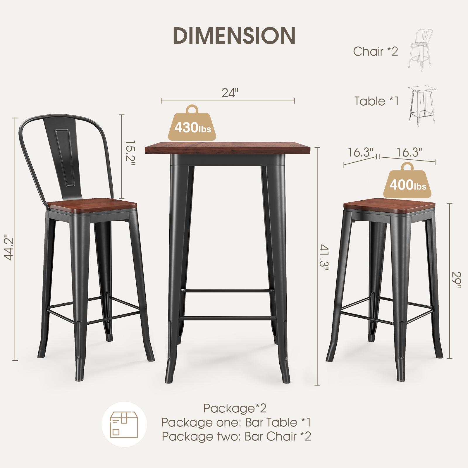 Aiho Bar Table and Chairs Set for 2 Person, Modern Dining Table Set with Elm Wood and Sturdy Metal Frame, For Bar, Kitchen, Break Nook