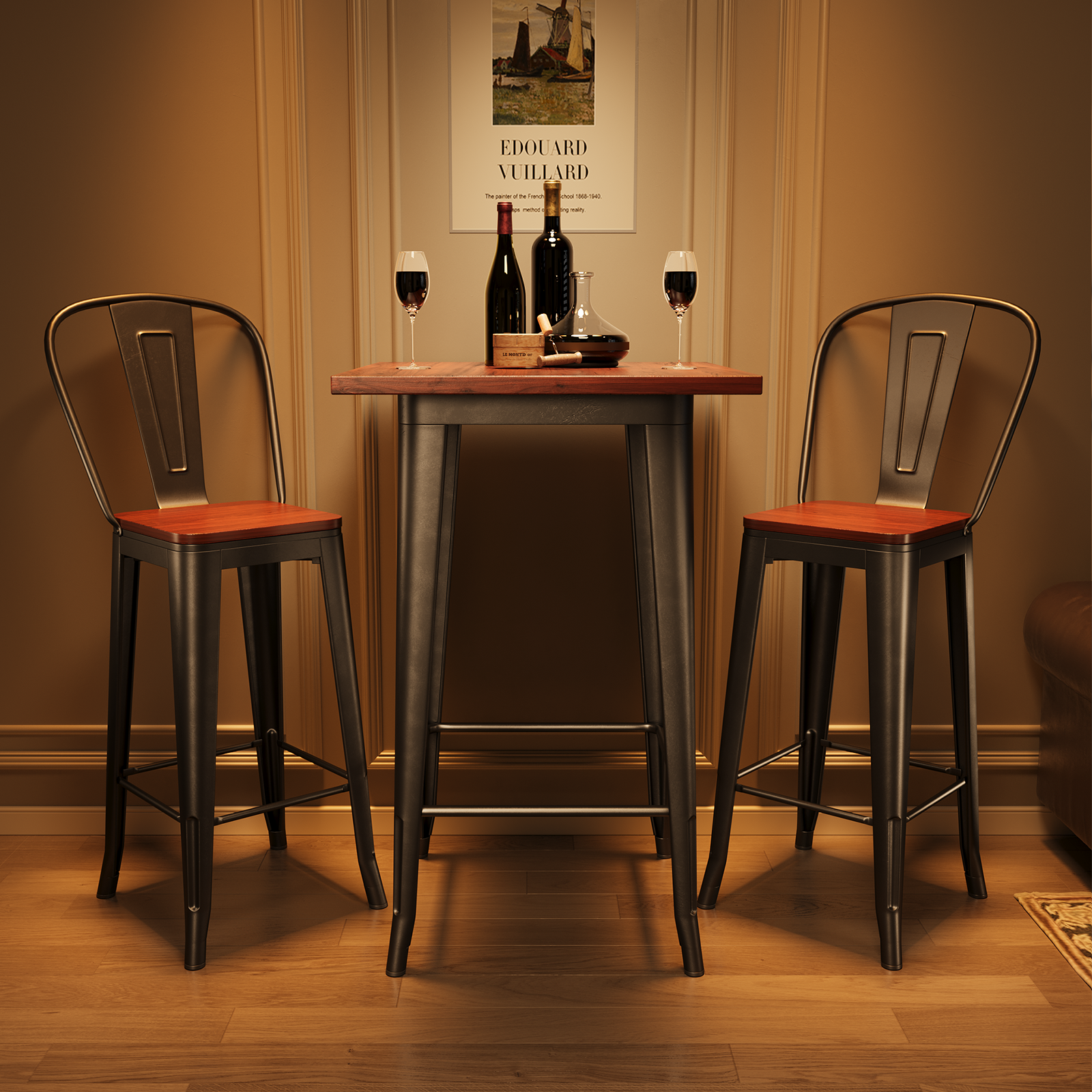 Aiho Bar Table and Chairs Set for 2 Person, Modern Dining Table Set with Elm Wood and Sturdy Metal Frame, For Bar, Kitchen, Break Nook