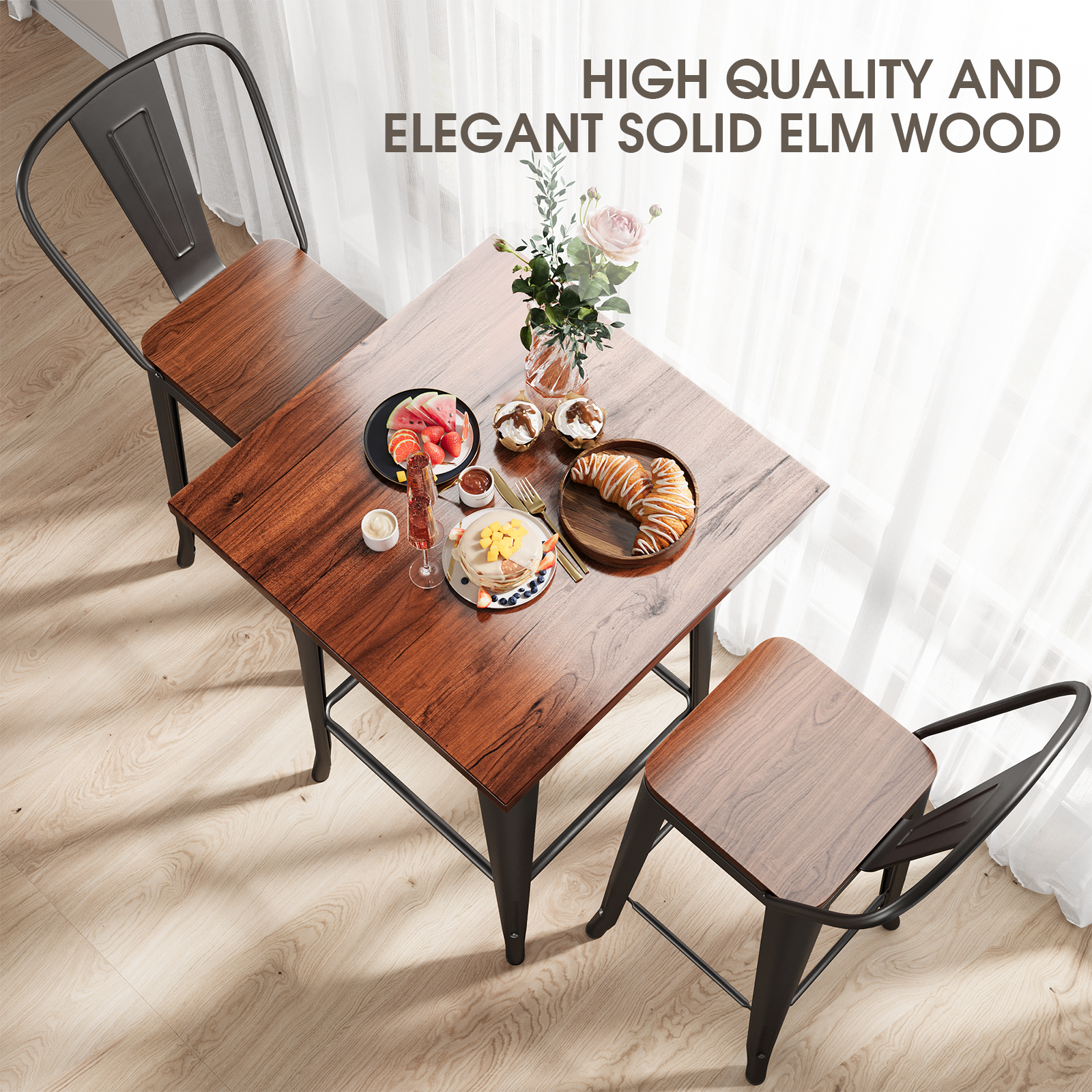Aiho Bar Table and Chairs Set for 2 Person, Modern Dining Table Set with Elm Wood and Sturdy Metal Frame, For Bar, Kitchen, Break Nook