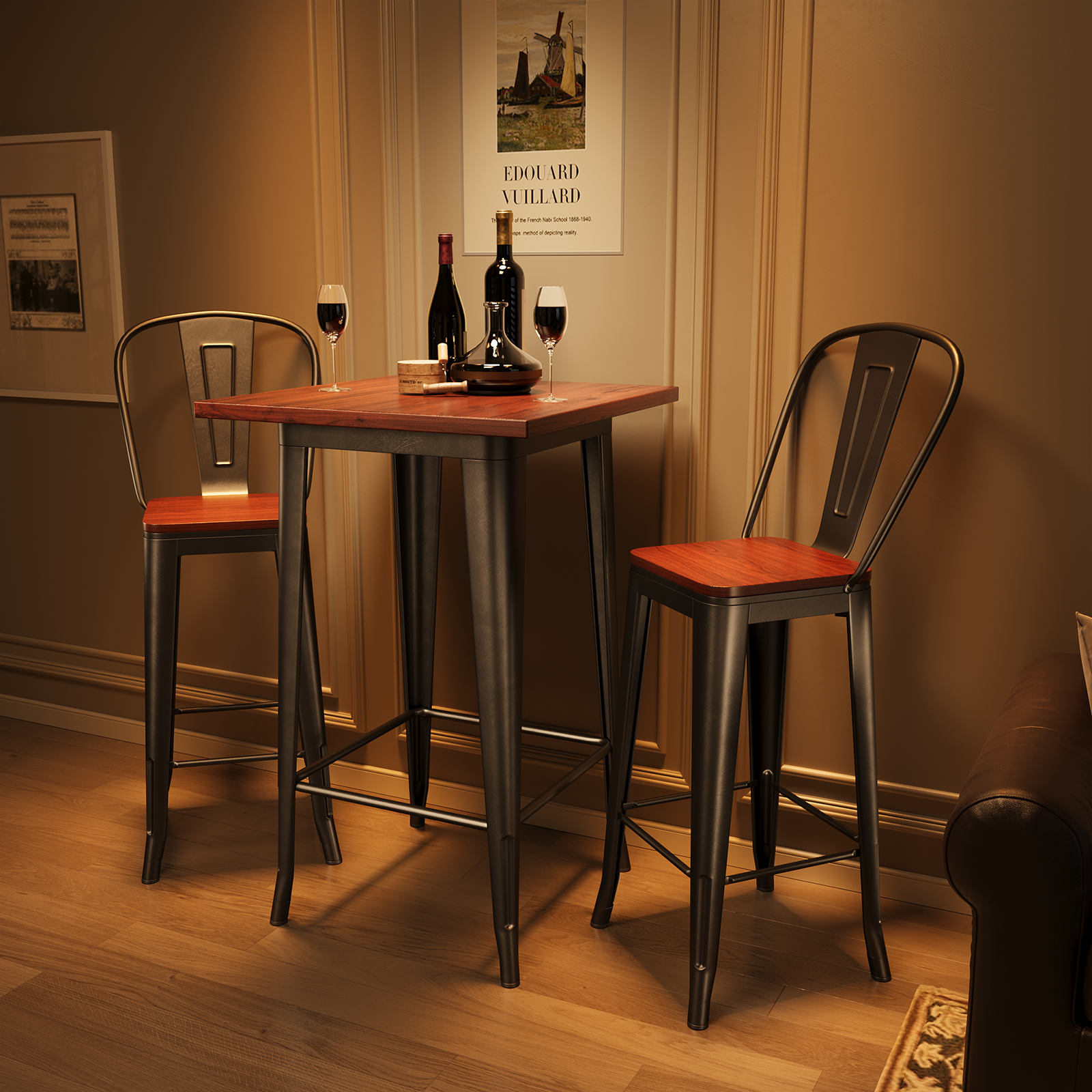 Aiho Bar Table and Chairs Set for 2 Person, Modern Dining Table Set with Elm Wood and Sturdy Metal Frame, For Bar, Kitchen, Break Nook