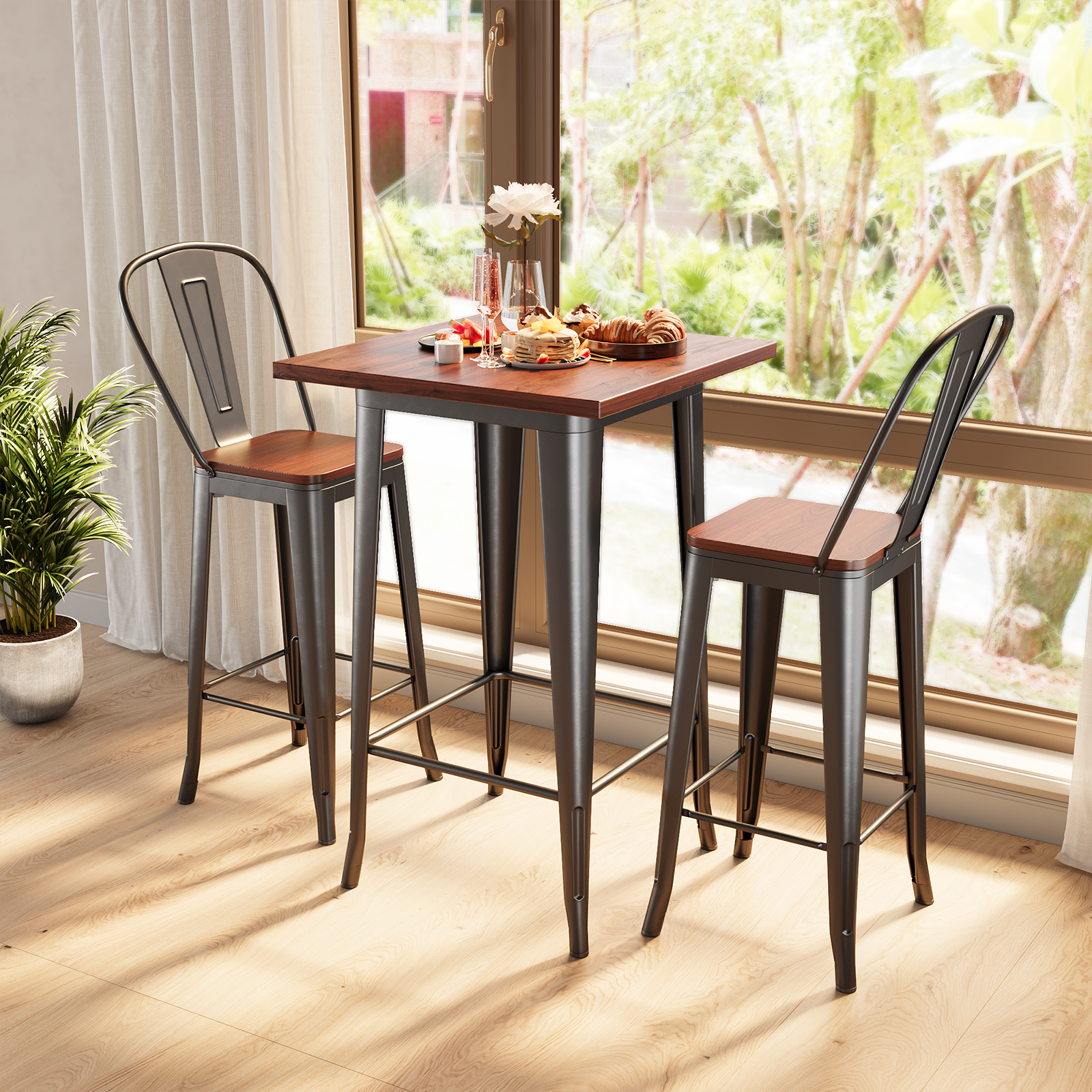Aiho Bar Table and Chairs Set for 2 Person, Modern Dining Table Set with Elm Wood and Sturdy Metal Frame, For Bar, Kitchen, Break Nook