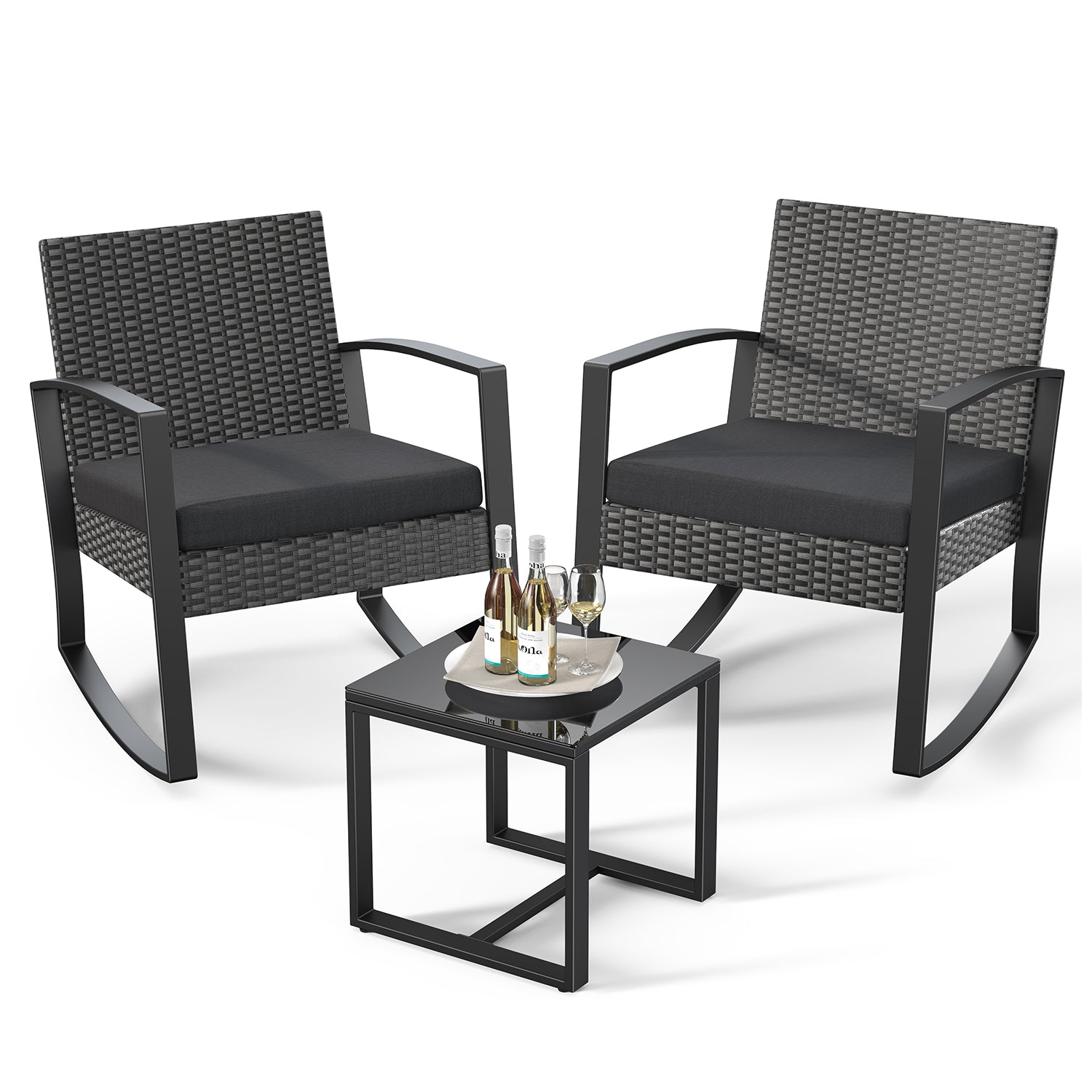 3-Piece Wicker Patio Set with Glass Table, Rocking Chairs