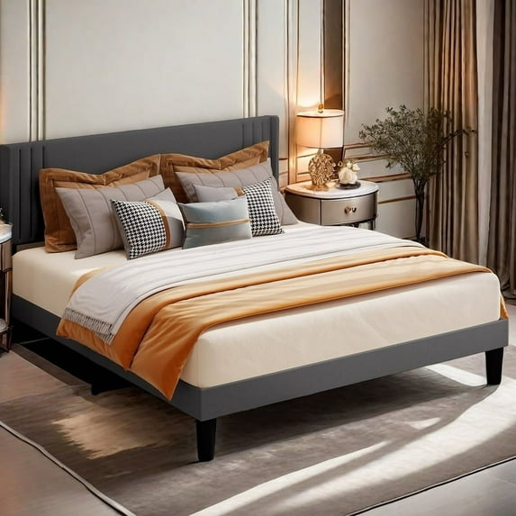 Queen Platform Bed Frame with Wingback Headboard, Dark Grey