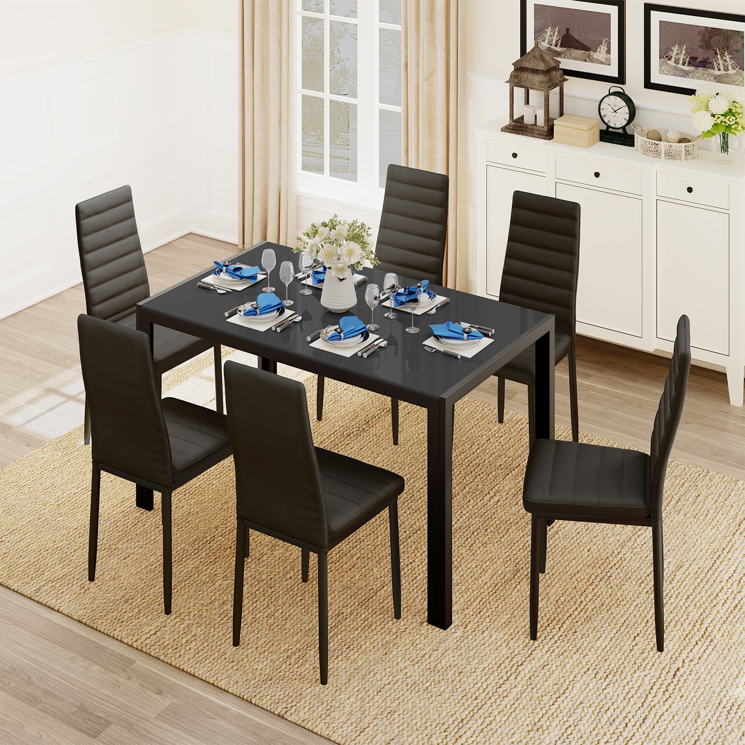 Dining Table Sets with PU Leather Chairs for 6 for Home