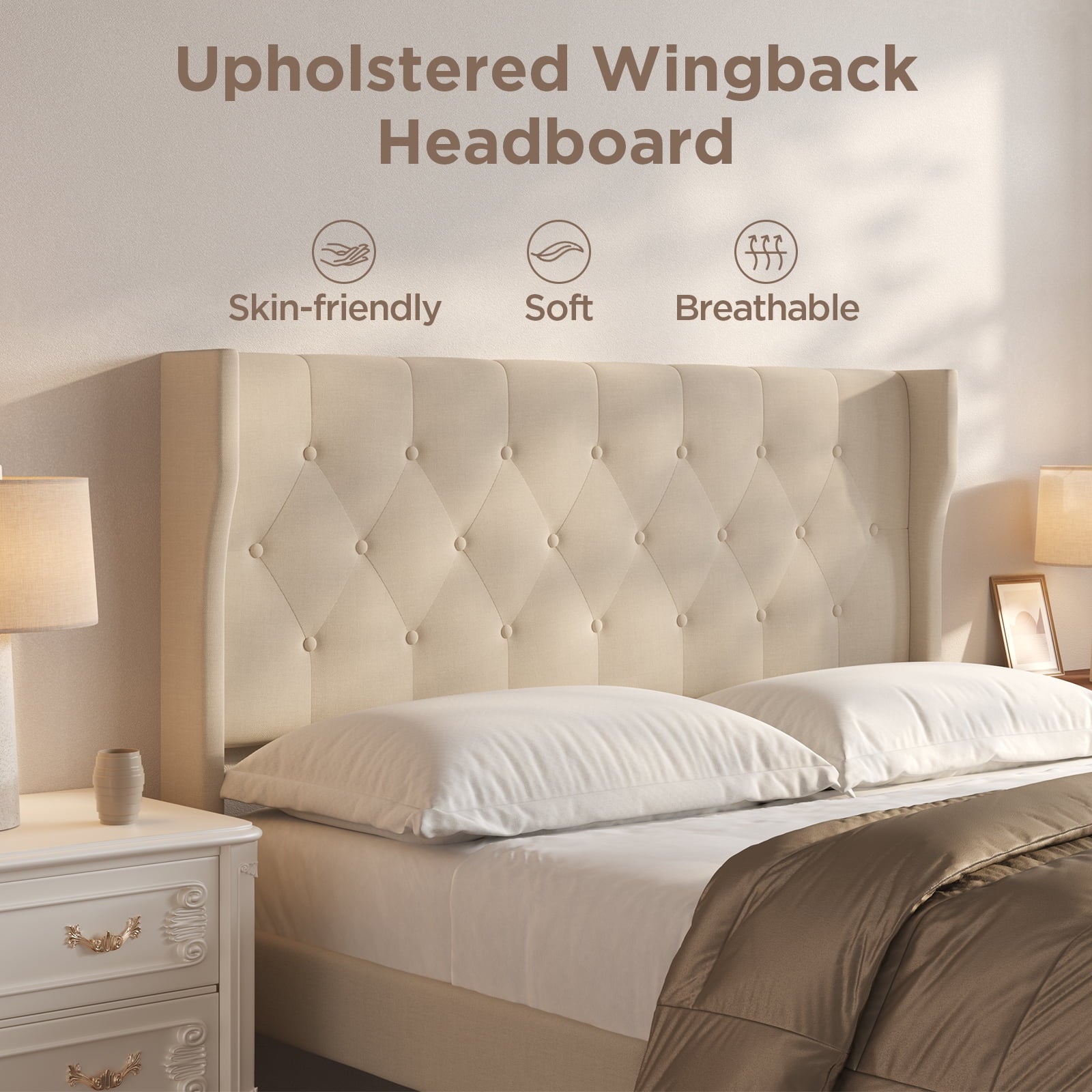 Queen Size Bed Frame with Button Upholstered Headboard and Under Bed Storage for Bedroom, Beige