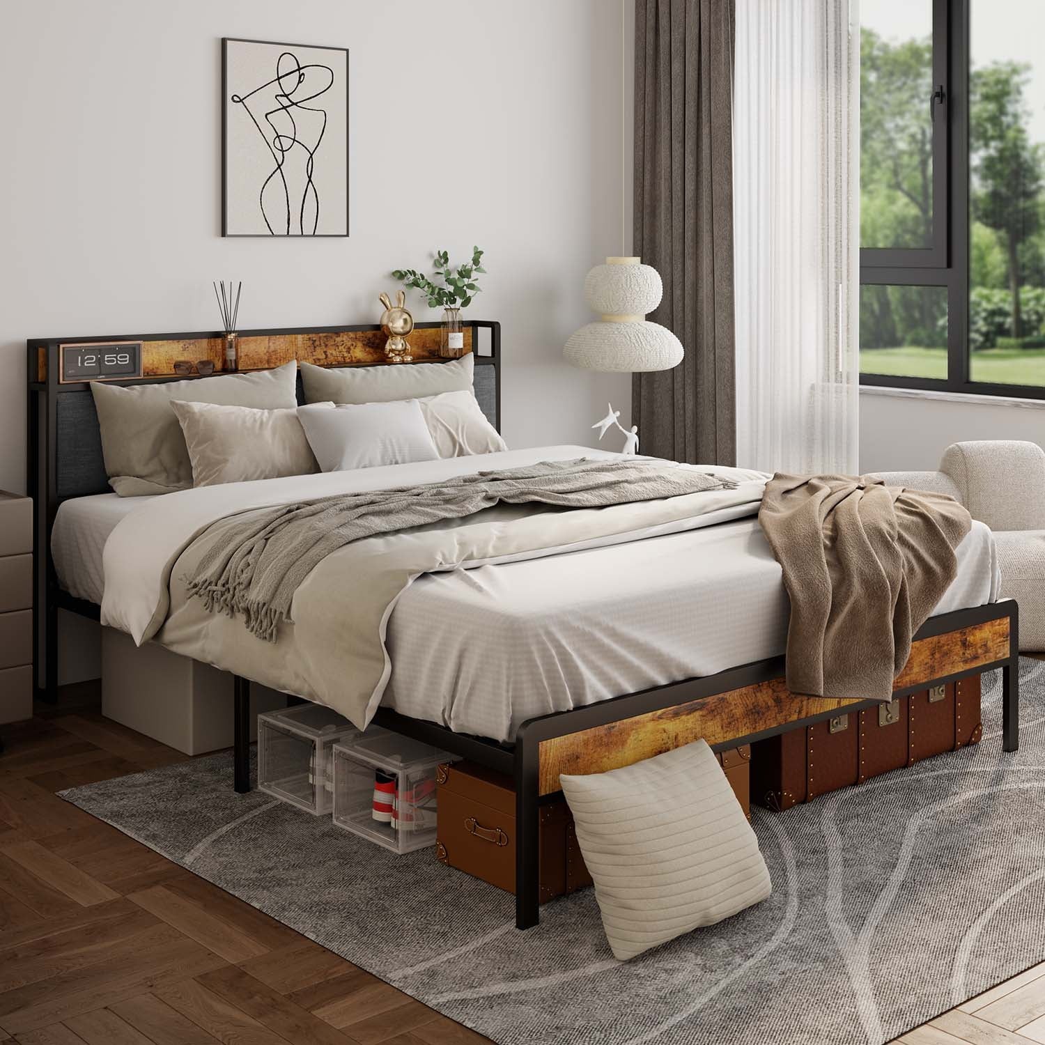 Aiho Queen Bed Frame with Storage Headboard, Metal Platform Bed for Adult