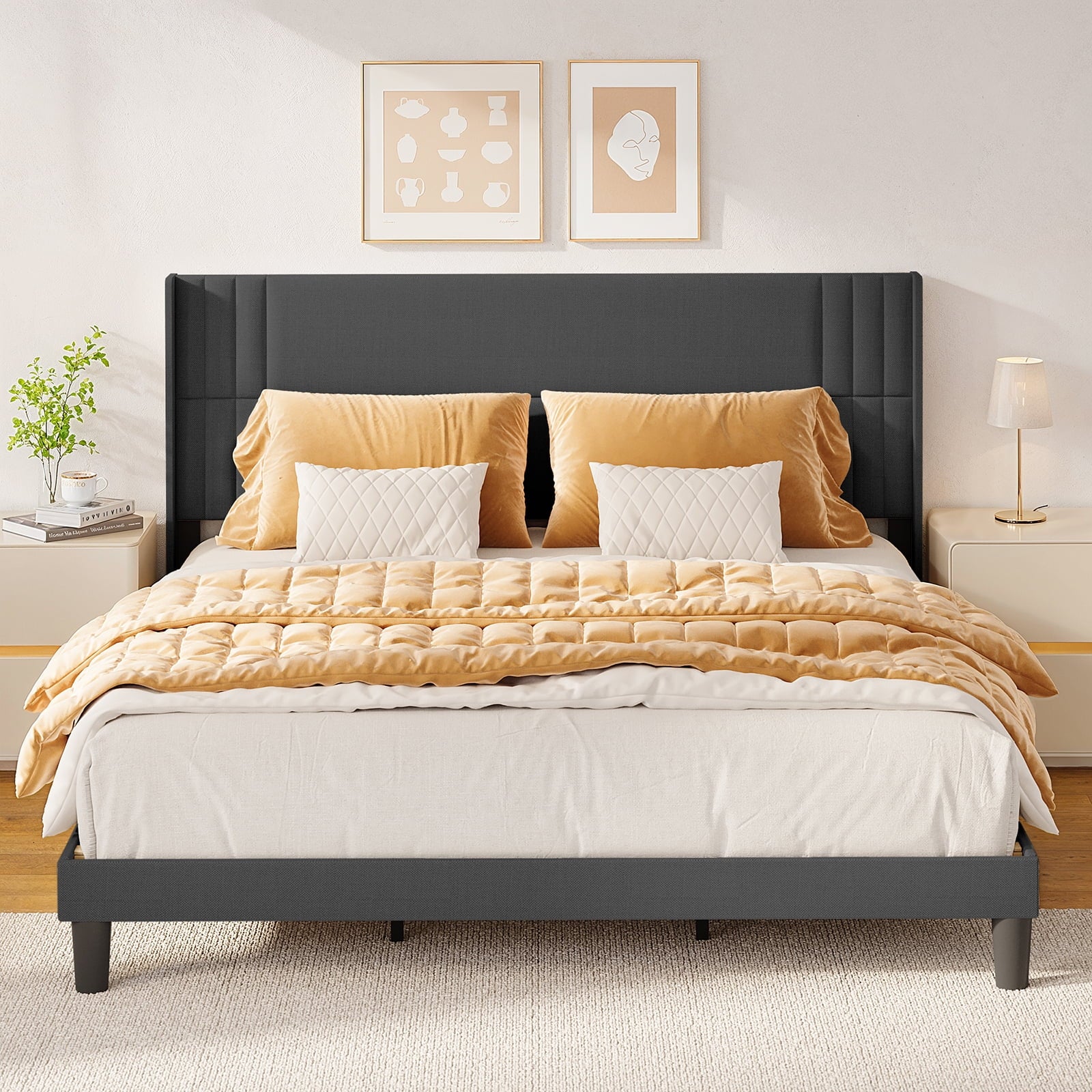 Aiho Wingback Bed Frame - King Platform Bed with Storage & Upholstered Headboard, Dark Grey