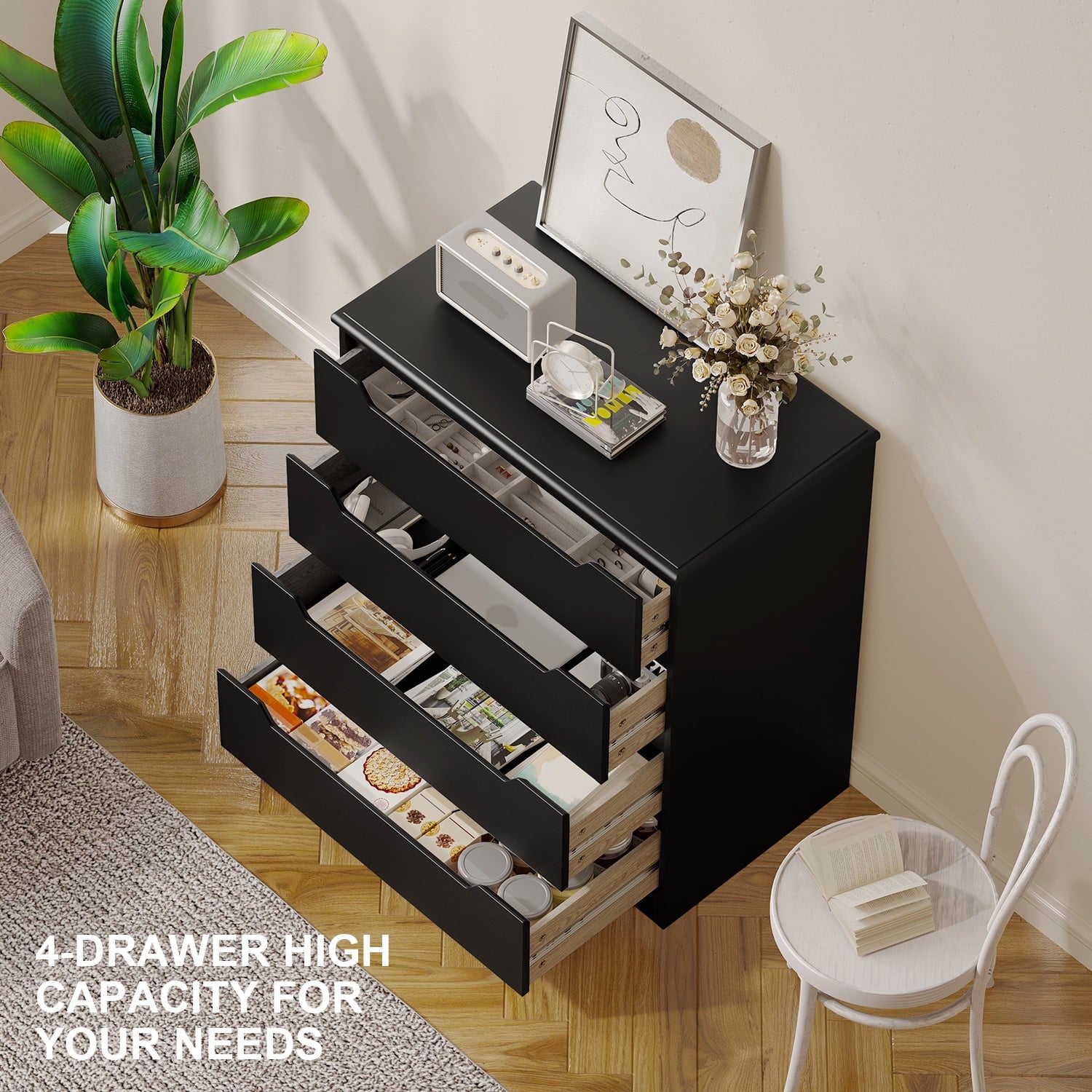 Aiho 4 Drawer Dresser, 32 "H Black Dresser with Cutout Handles for Bedroom