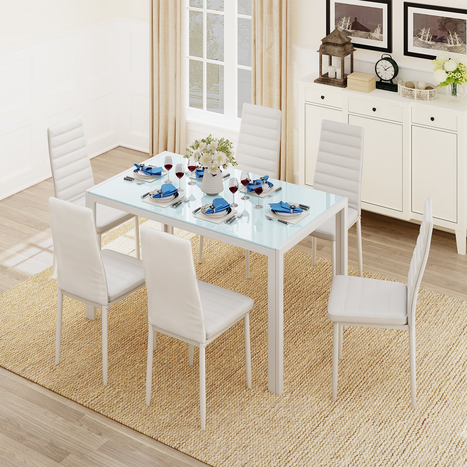 Dining Table Sets with PU Leather Chairs for 6 for Home