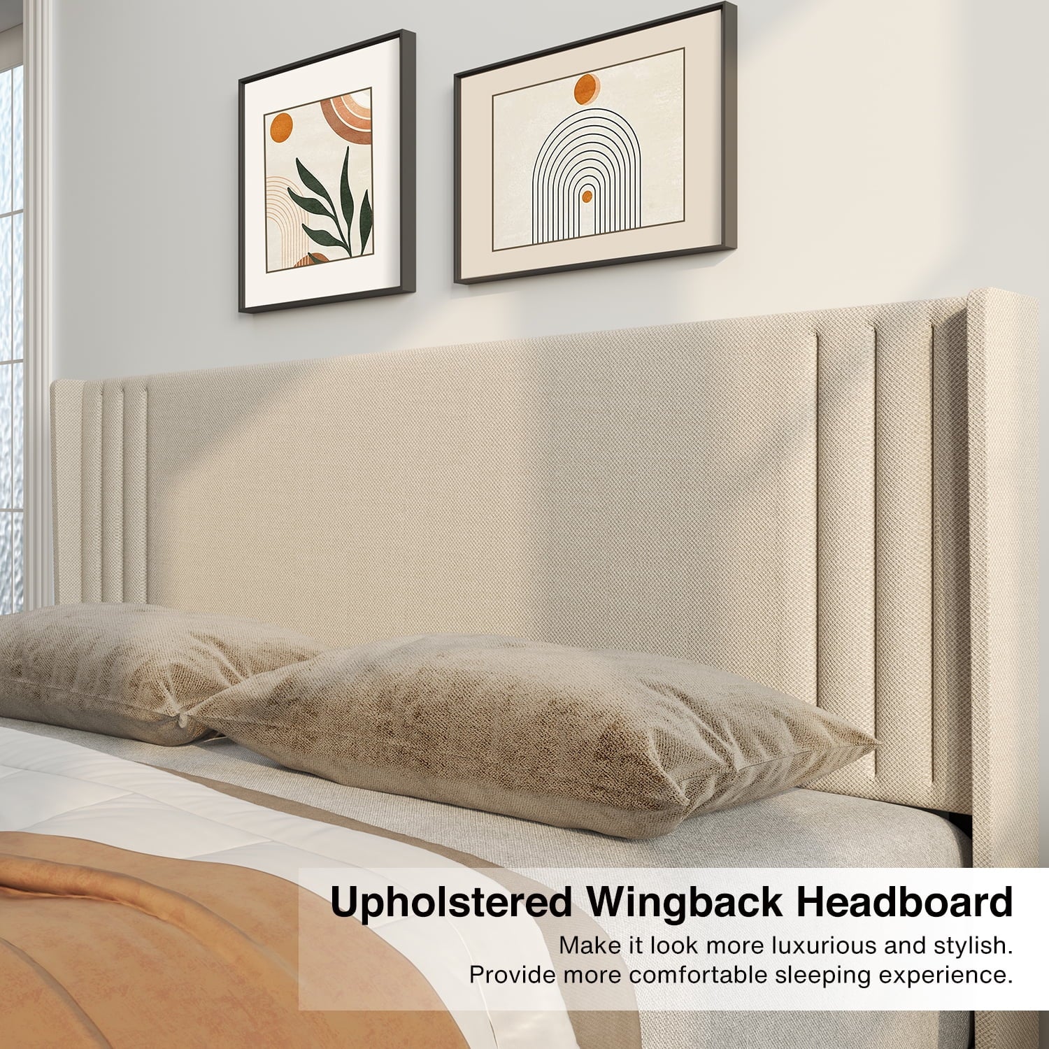 Aiho Full Platform Bed Frame with Wingback Headboard for bedroom, Beige