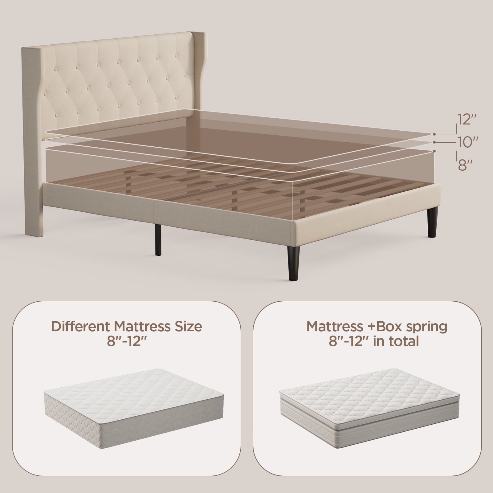 Queen Size Bed Frame with Button Upholstered Headboard and Under Bed Storage for Bedroom, Beige