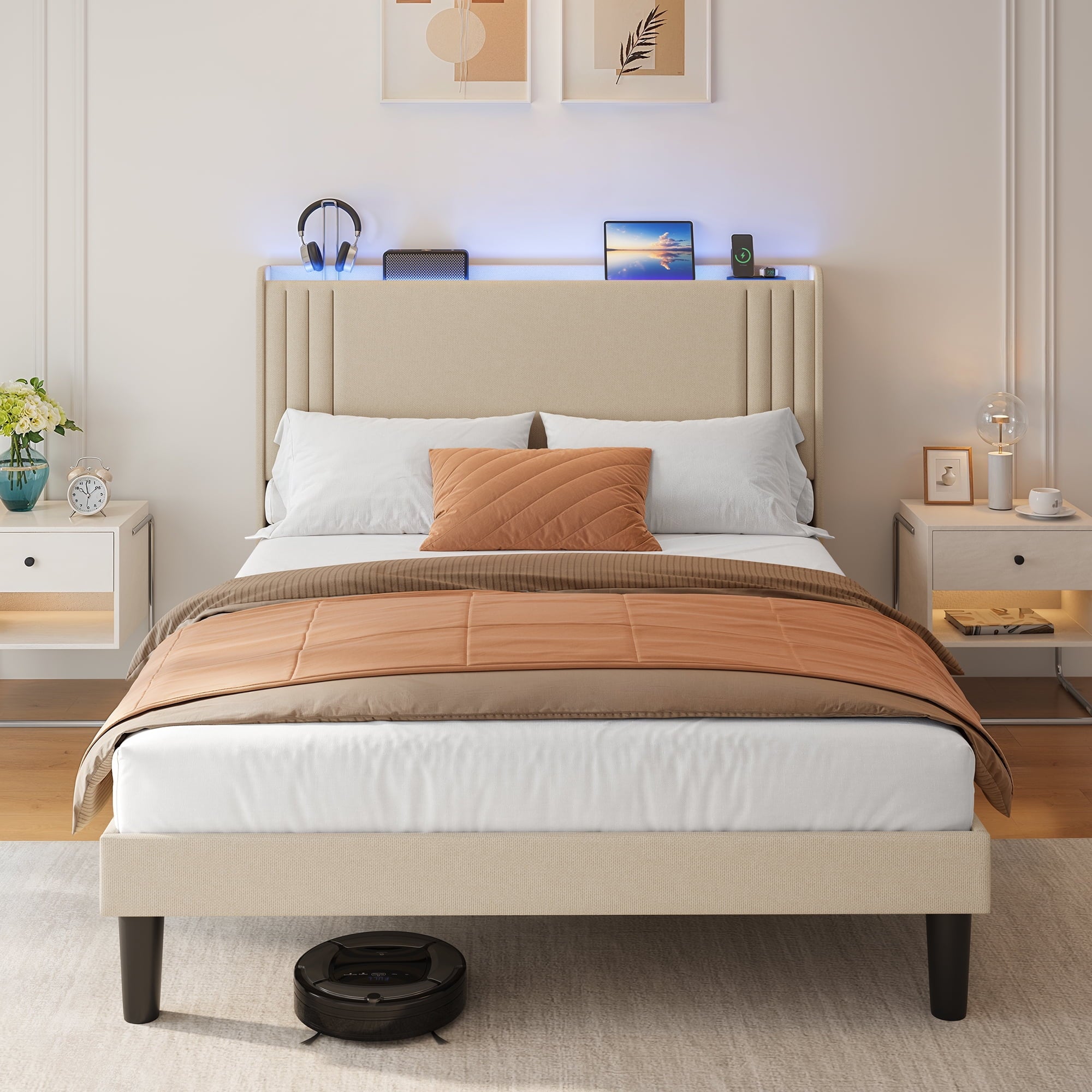 Aiho 4-Piece Bedroom Furniture Collection – Queen Bed Frame, 2 Nightstands & 6-Drawer Double Wide Chest, White