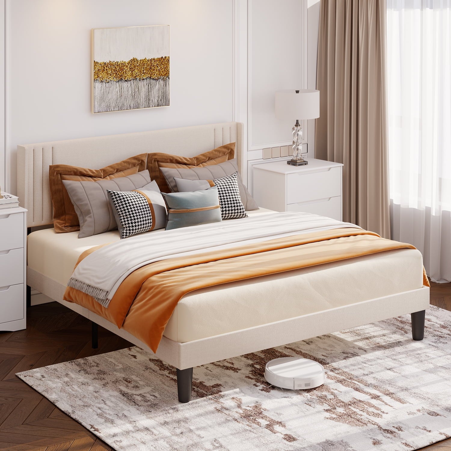 Aiho Full Bed Frame with Wingback Upholstered Headboard, Beige