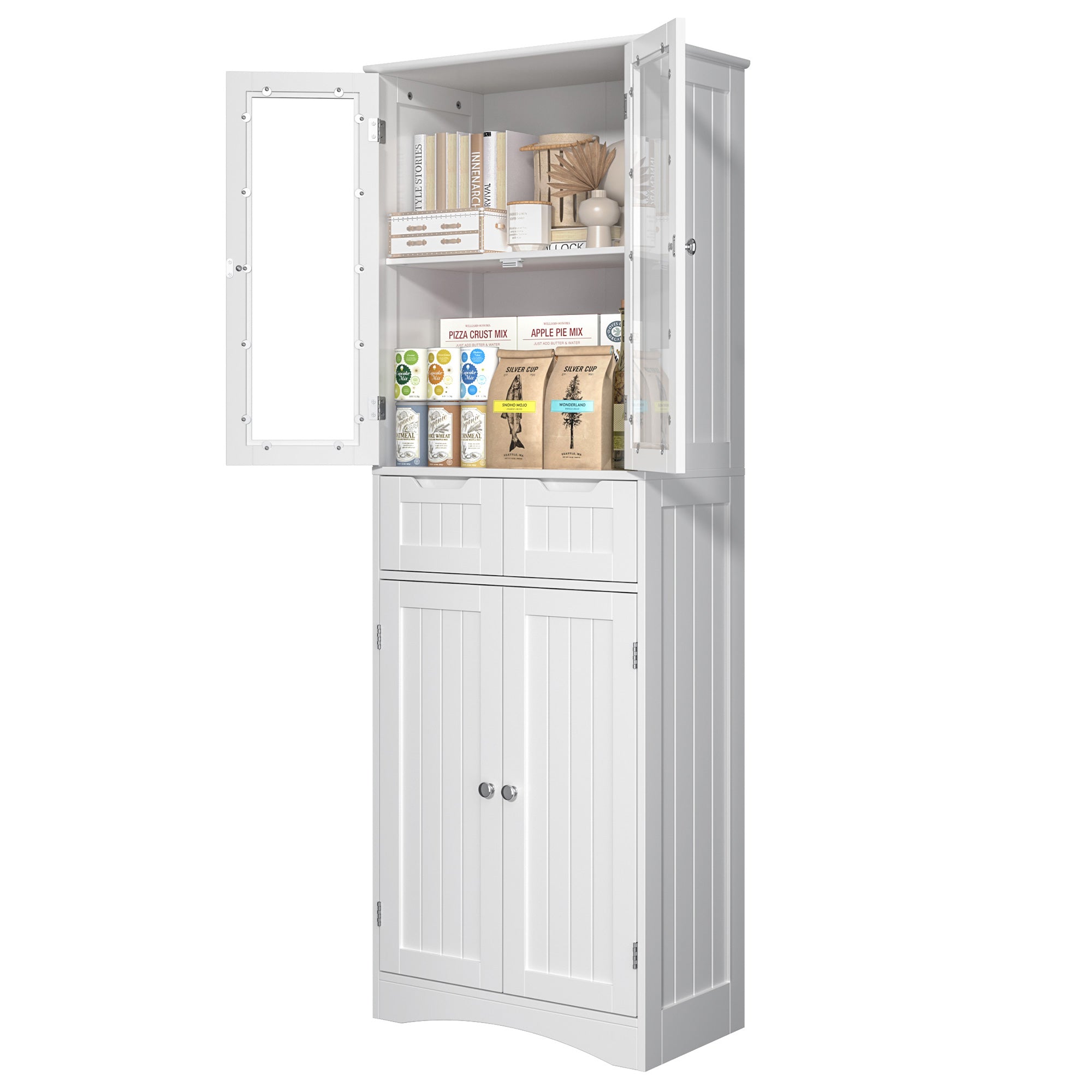 Aiho 67" Kitchen Pantry Storage Cabinet, Pantry Storage Cabinet with 2 Drawers and Glass Doors for Kitchen, Dining Room