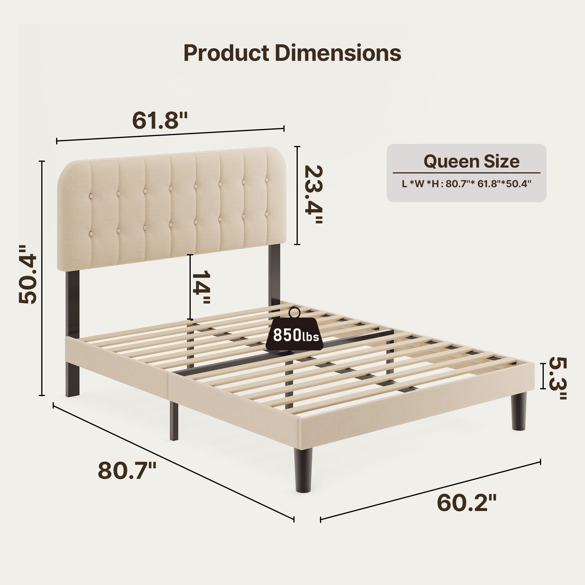 Queen Upholstered Platform Bed Frame with Headboard - Modern Bedroom Furniture with Sturdy Wooden Slats, Quiet & Noise Free, No Box Spring Needed, Beige