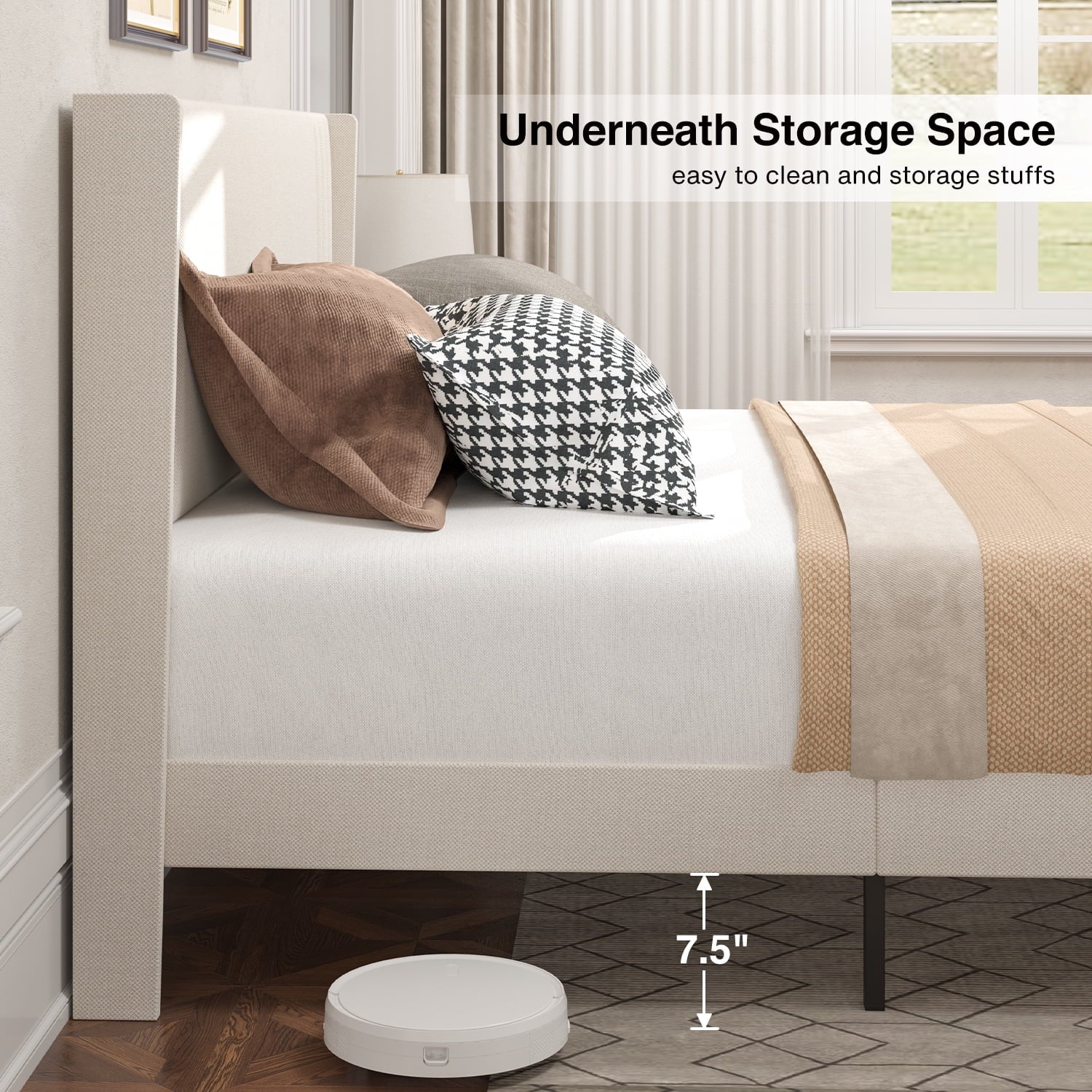 Aiho Full Bed Frame with Wingback Upholstered Headboard, Beige