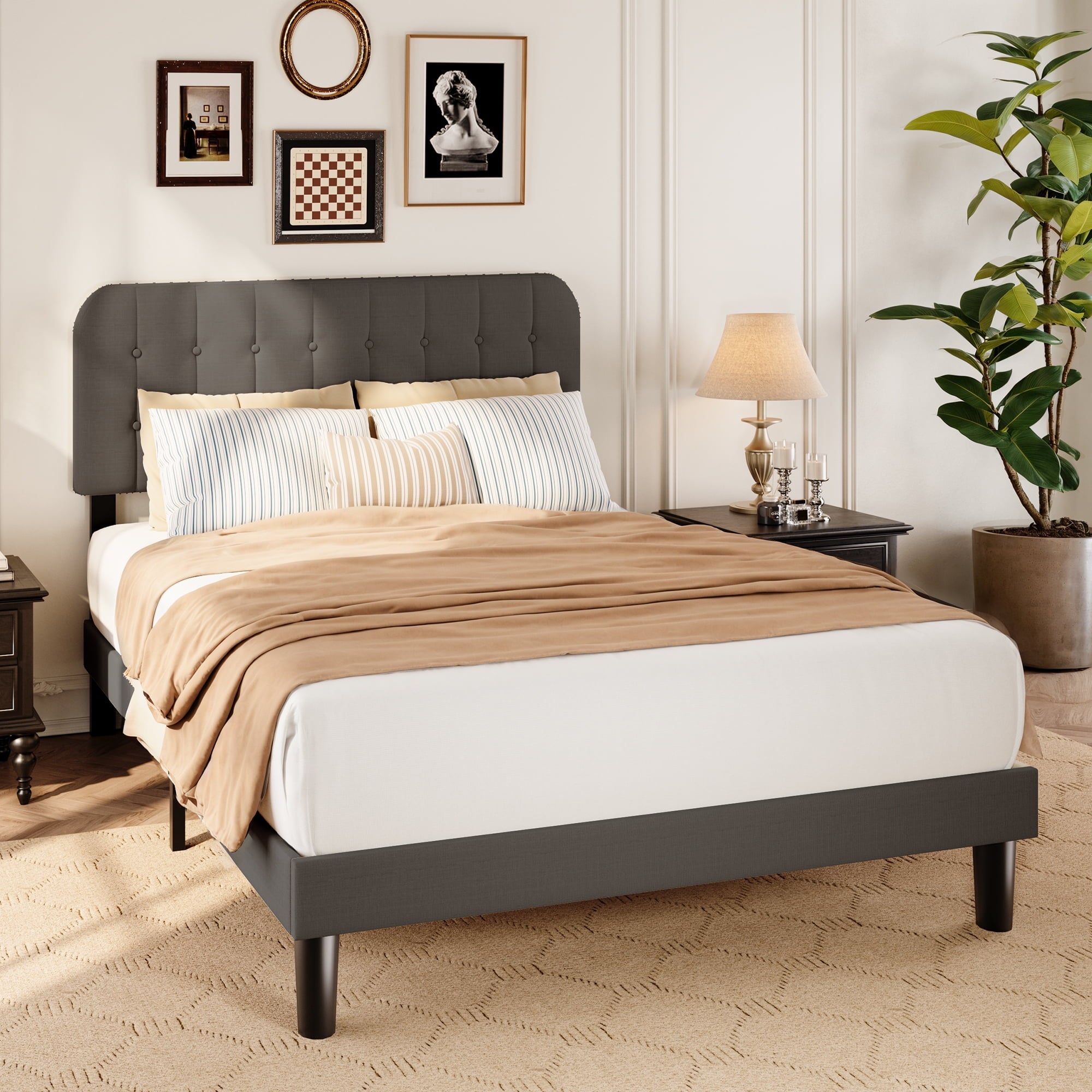 Queen Upholstered Platform Bed Frame with Headboard - Modern Bedroom Furniture with Sturdy Wooden Slats, Quiet & Noise Free, No Box Spring Needed, Dark Gray