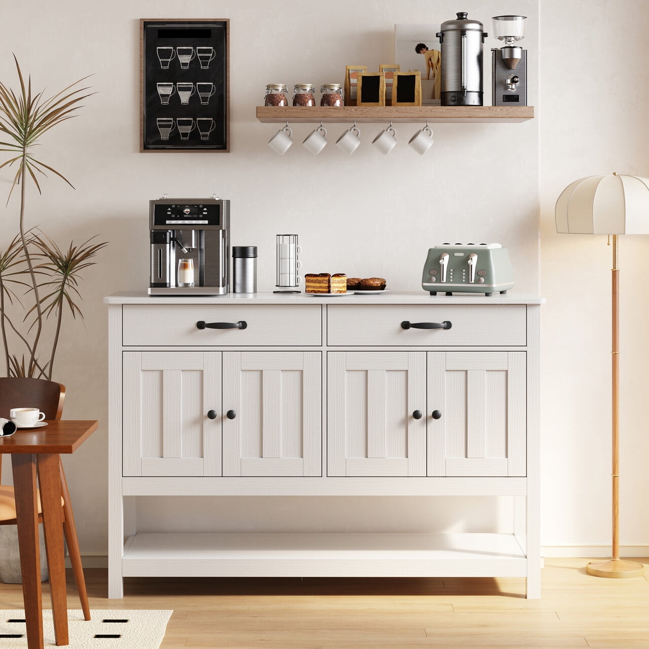 Aiho 47” Modern Farmhouse Buffet Sideboard Cabinet with 2 Drawers & Doors, Multi-Functional Coffee Bar & Entryway Table with Shelf for Living Room, Hallway Storage, White