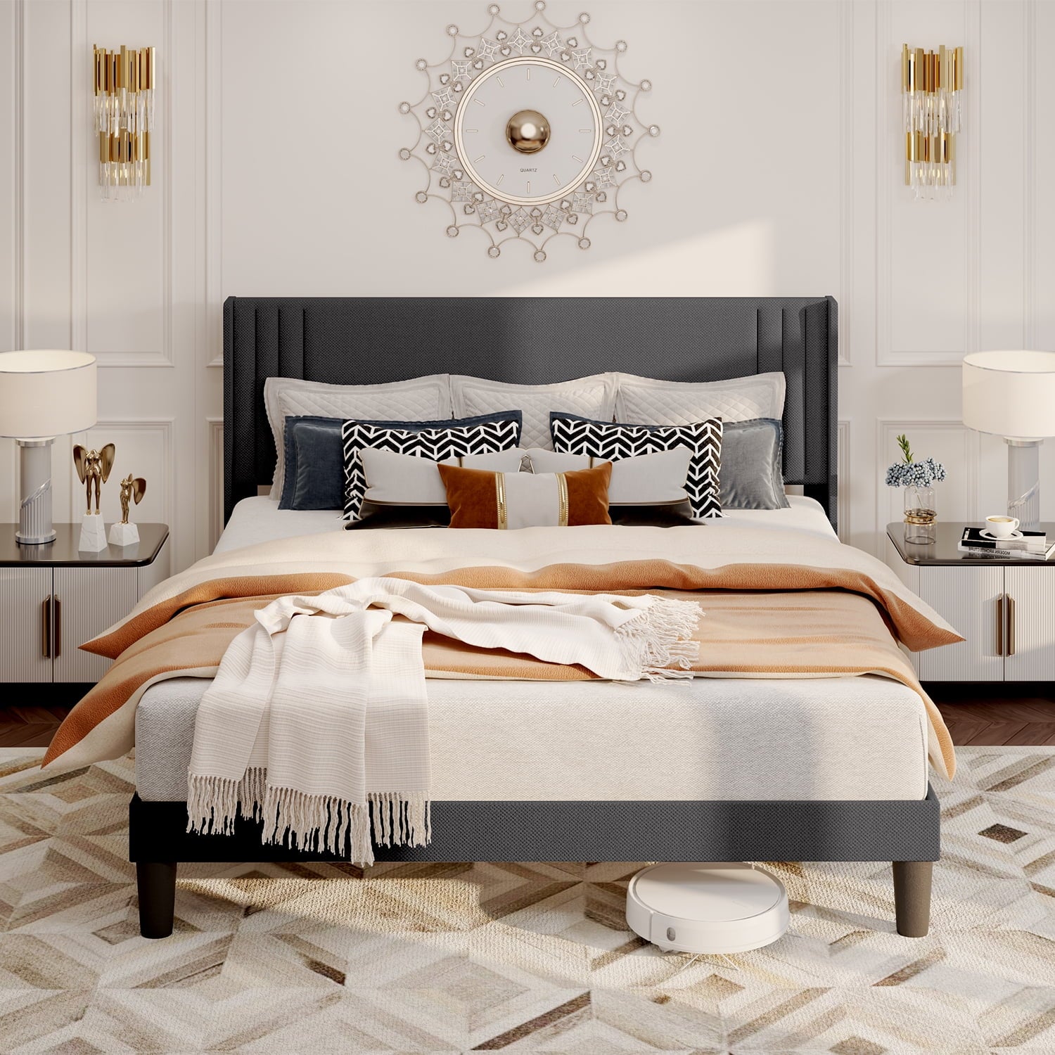 Aiho Full Bed Frame with Wingback Upholstered Headboard, Dark Grey