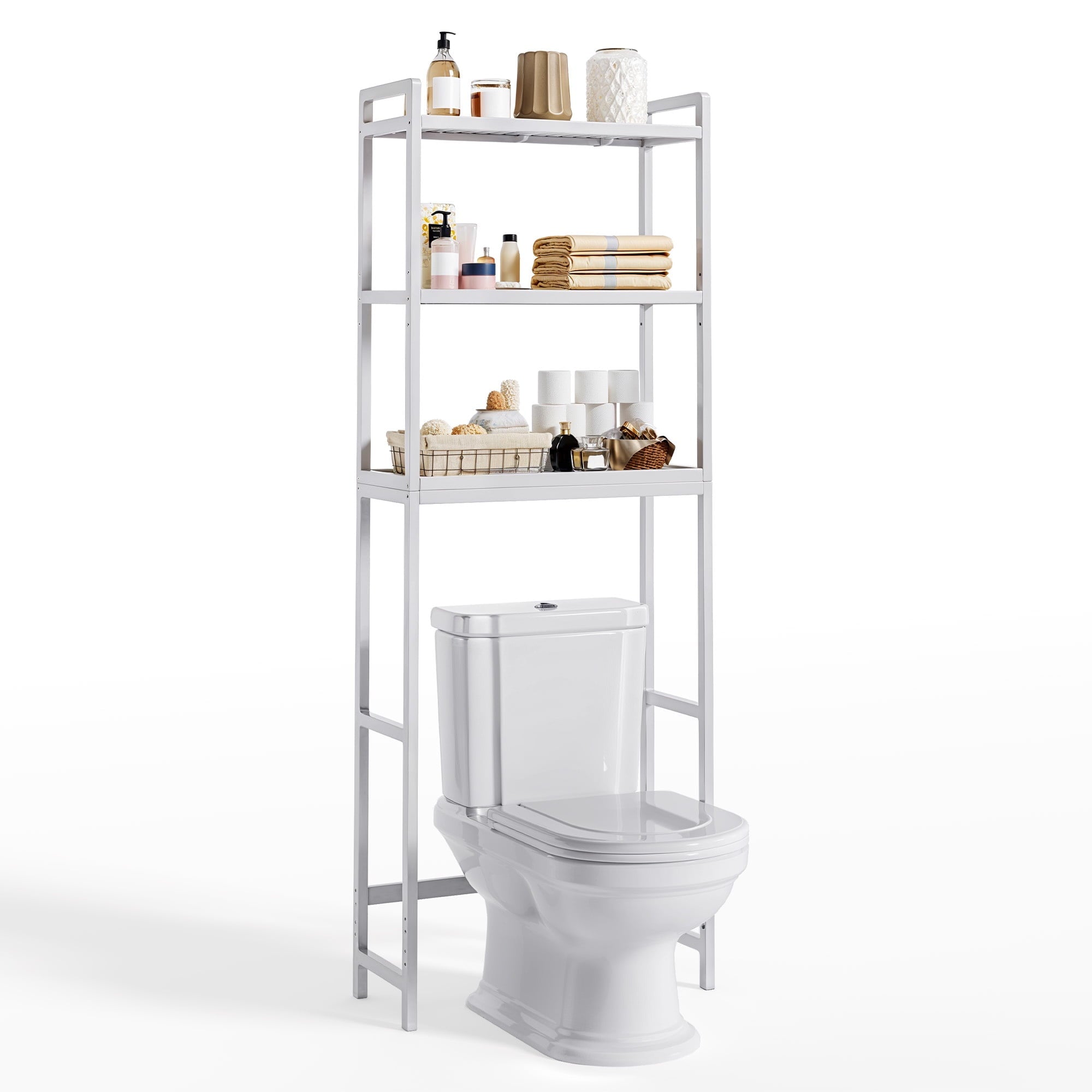 Aiho Over The Toilet Storage, 3-Tier Bamboo Bathroom Organizer, Space-Saving & Adjustable, White