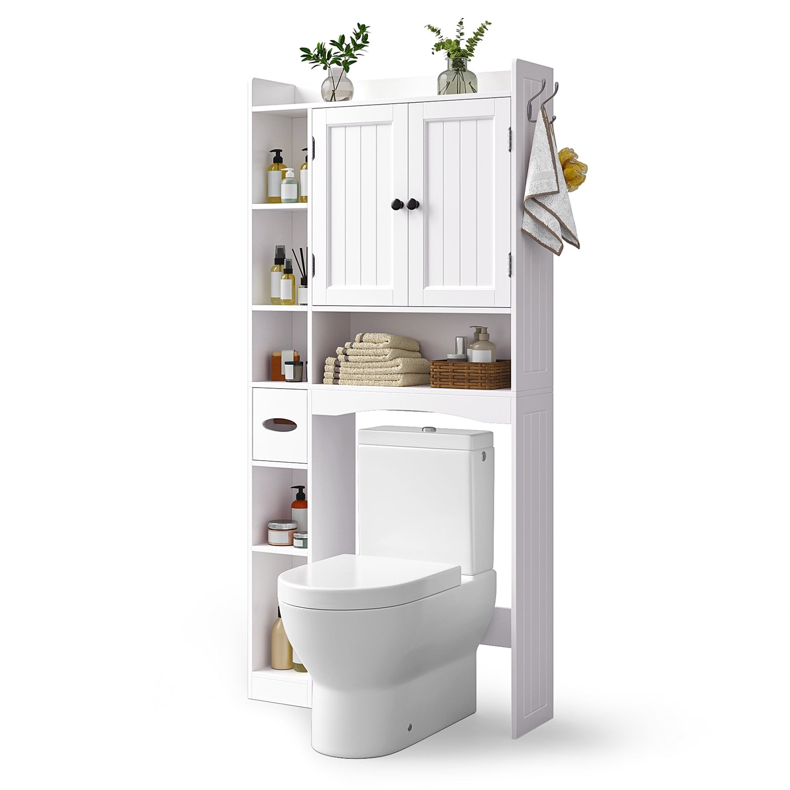 Aiho 66-Inch Tall Over-Toilet Bathroom Cabinet with Double Doors, Toilet Paper Holder & Racks, Adjustable Shelf – Ideal for Bathrooms & Laundry Rooms, White