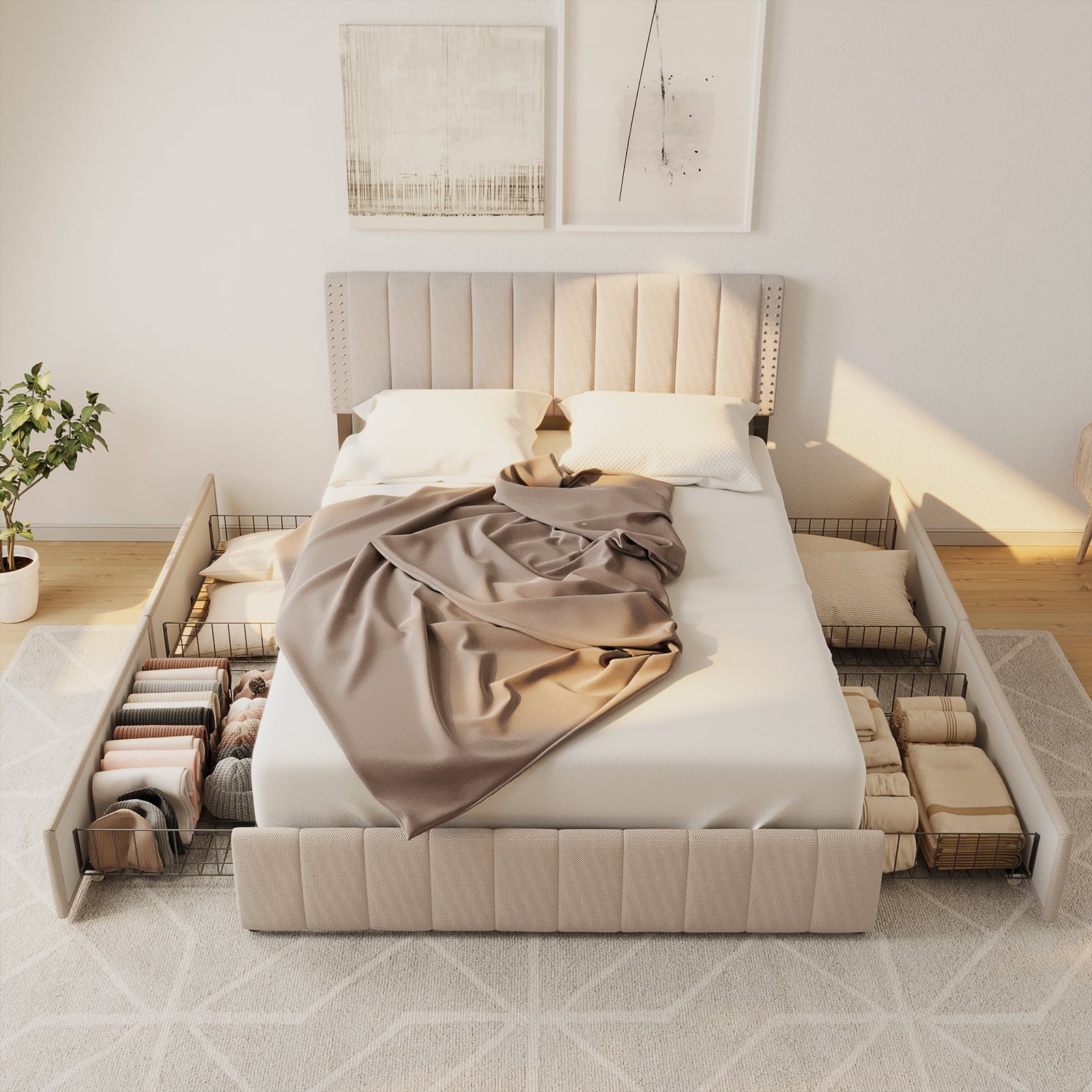 Aiho Bed Frame Full with 4 Storage Drawers for Bedroom, Beige