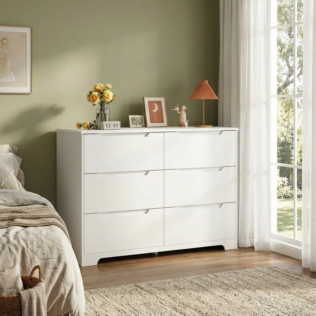 Modern 6 Drawer Double Dresser, White Wood Chest of Drawers with Cut-O ...