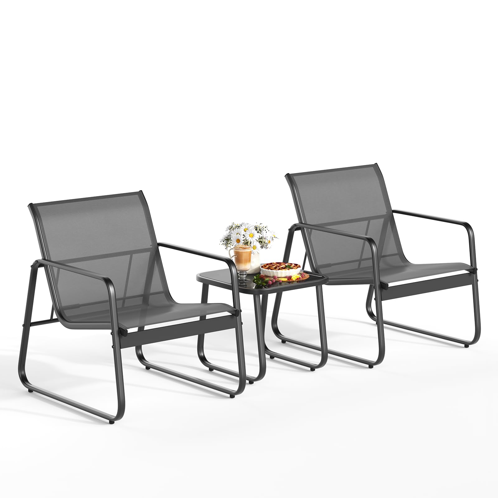 Aiho 3 Pieces Outdoor Patio Furniture Set with Textilene Material, Outdoor Chairs Set of 3 with Tempered Glass Table, Perfect for Garden, Lawn, Patio, Pool, Backyard, Balcony, Porch-Black