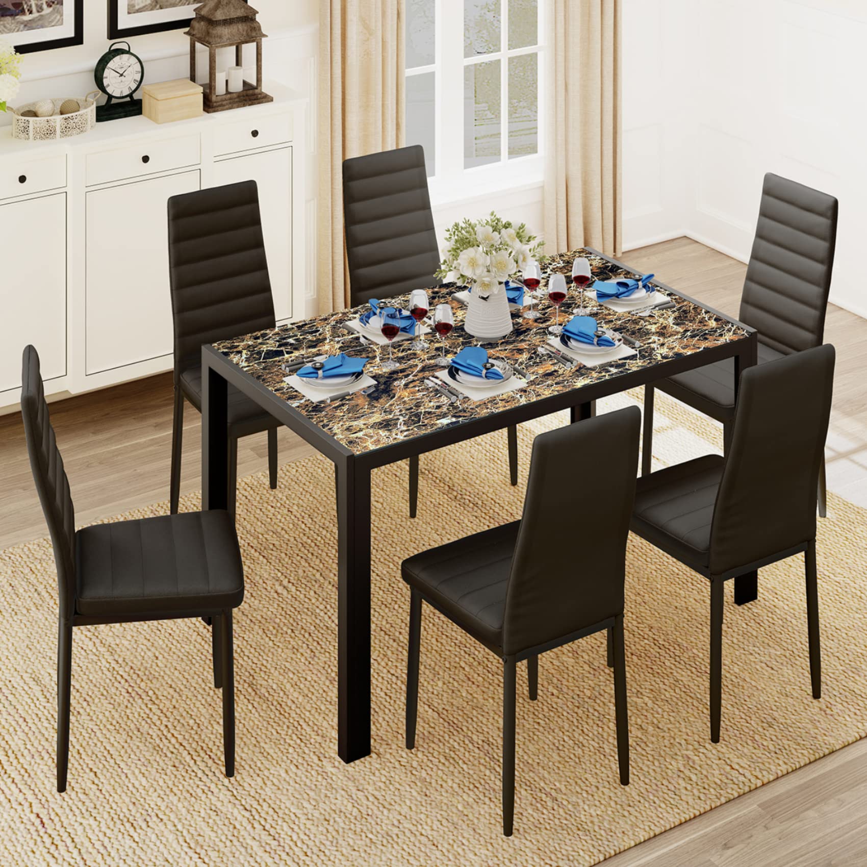 Aiho Dining Table with 6 PU Leather Chairs, Morden Kitchen Table Chairs Set for 6 Person, Perfect for Dining Room, Kitchen, Living Room, Marble