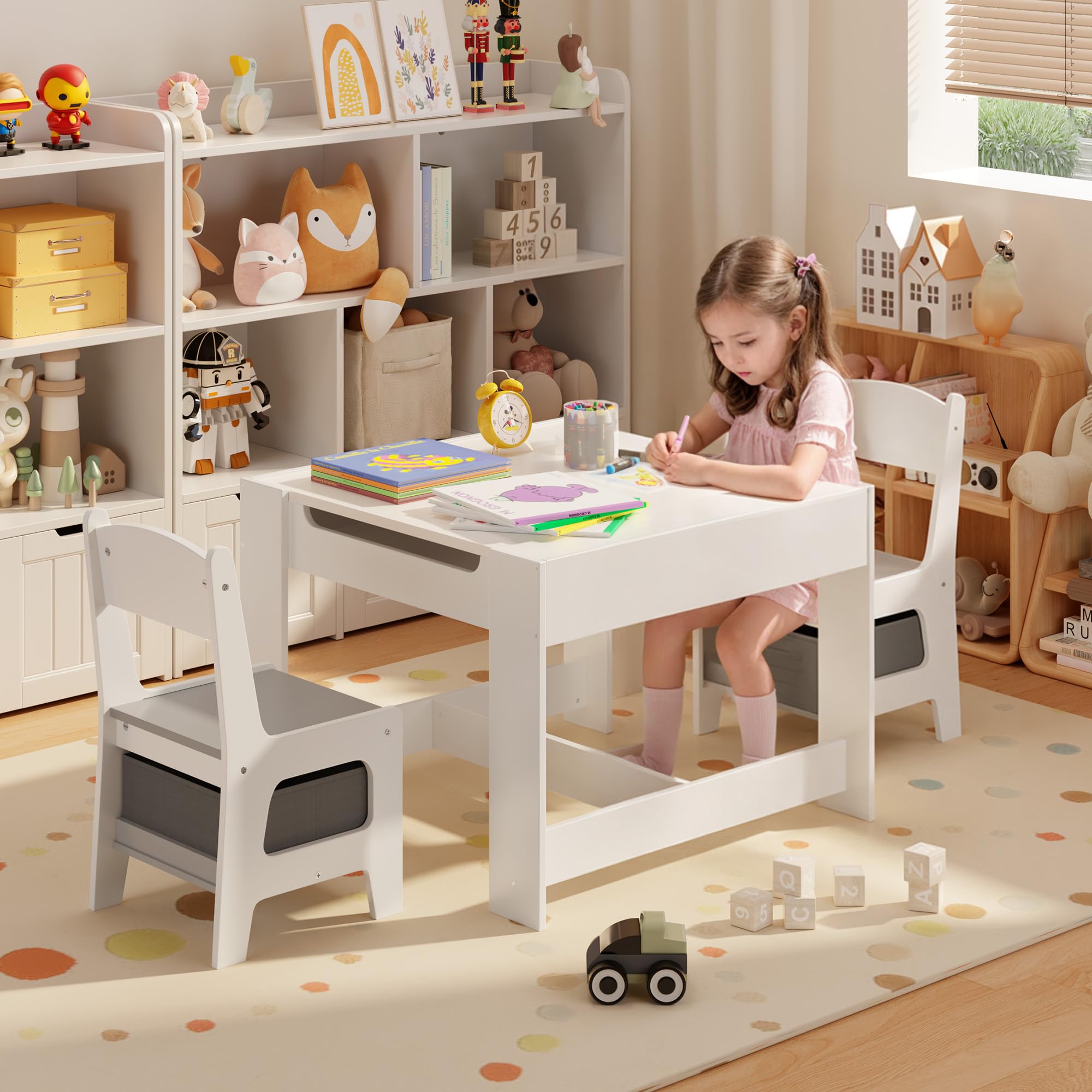 Aiho Kids Table and 2 Chairs Set, 4-in-1 Kids Table Set, Child Activity Desk with Chalkboard/Whiteboard - Gray