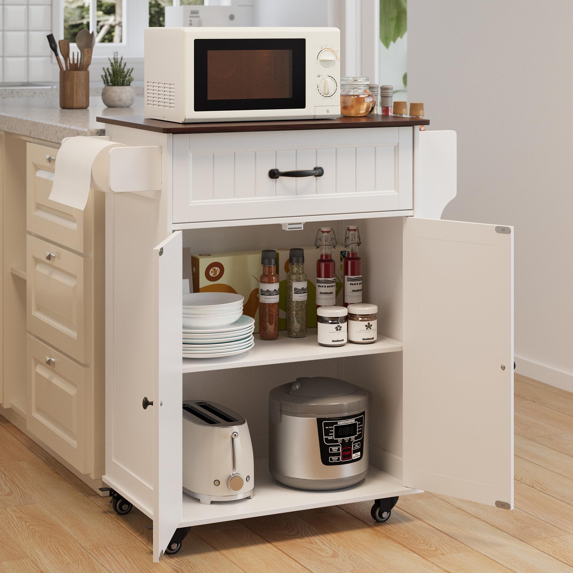 Aiho Kitchen Island with Storage, Microwave Stand with Worktop, Spice Rack & Adjustable Shelves & 1 Drawer, Perfect for Kitchen, Bar, Retro Tabletop