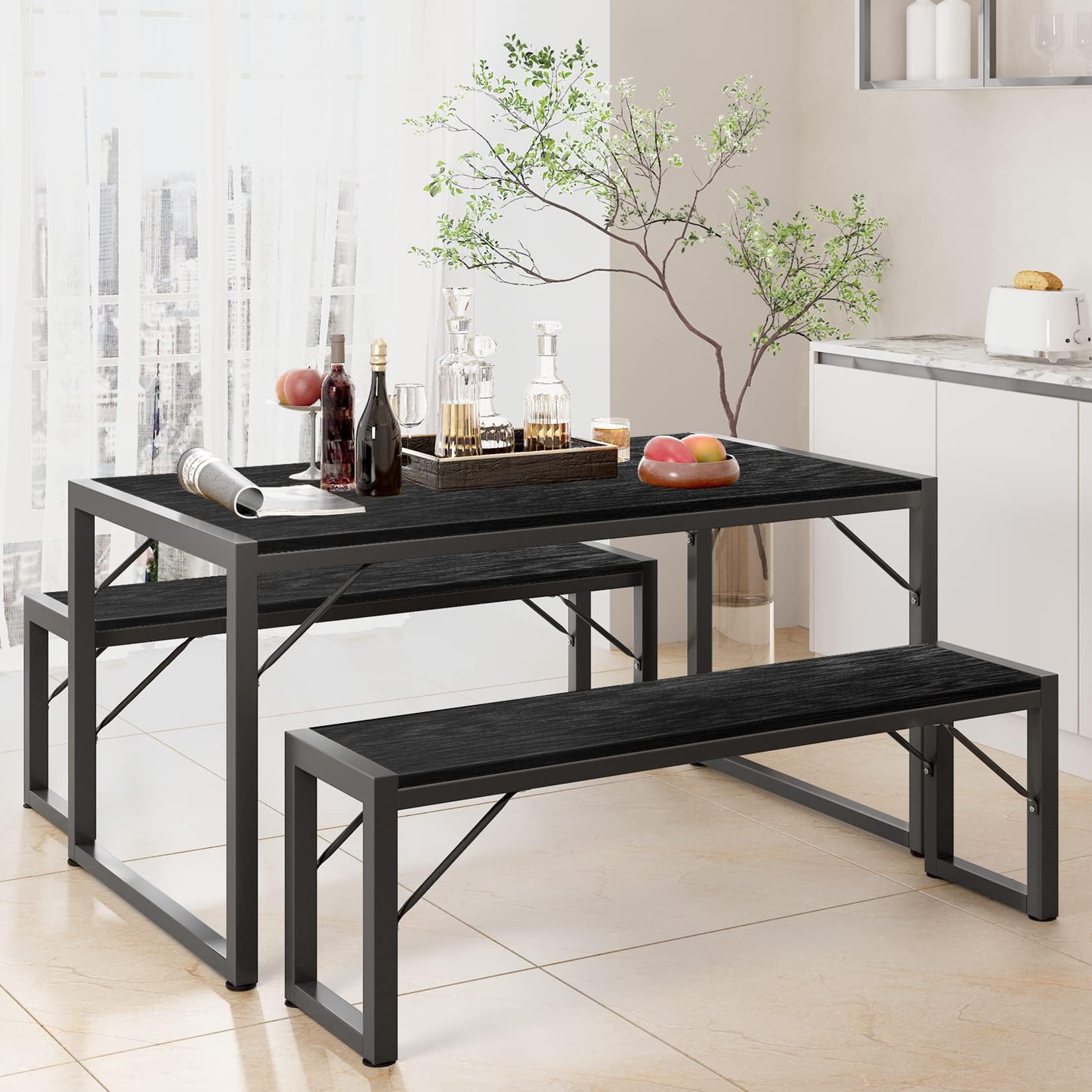 Aiho 3 Piece Kitchen Dining Set with 2 Benches &amp; Wood Table Top, Small Kitchen Table Set for 4, Modern Dining Room Sets for Kitchen, Living Room - Black