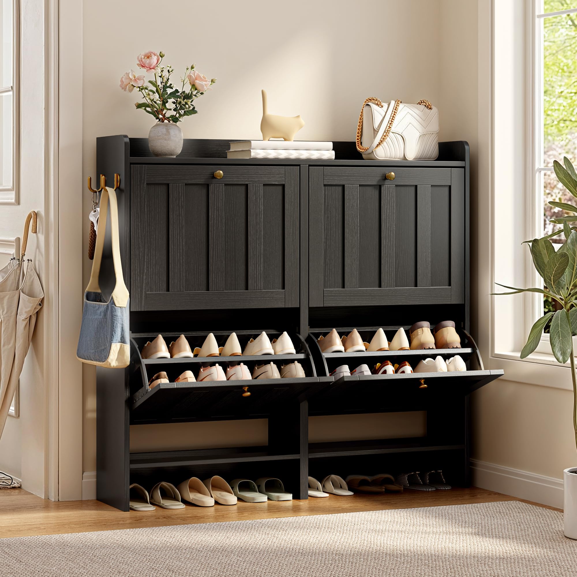 Aiho Shoe Storage Cabinet with 4 Flip Drawers and with Open Storage, MDF Wood Narrow Shoe Cabinet, For Foyer, Hallway, Porch, Living Room, Balcony, Bedroom-Black