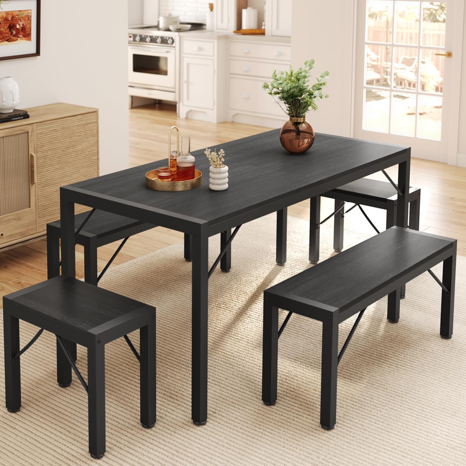 Aiho 63" Dining Table Set for 6, Kitchen Table with 2 Stools & 2 Benches, Wood Dining Room Dinette Sets with Metal Frame for Breakfast Nook and Small Space - Black